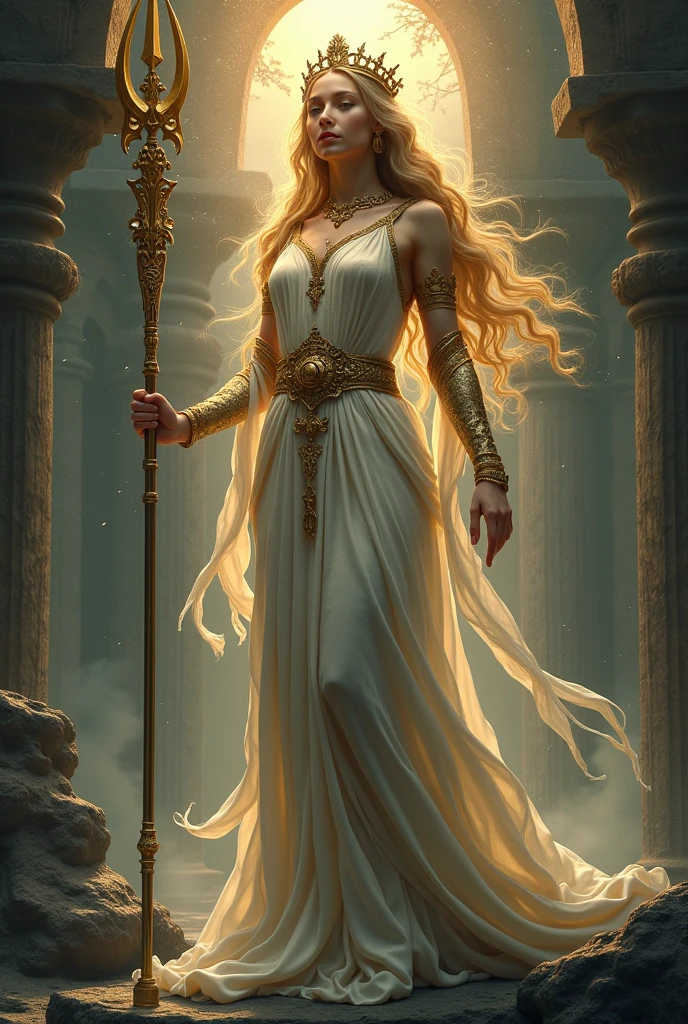image of a woman, digital painting myth, ((holding a scepter)), battle between good and evil, Greek mythology, characters from Greek mythology, Greek gods, classical Greek mythology, greek dark myth, dramatic art, thunderous battle, godrays digital painting, as an offering to zeus, art mythology, epic mythology, long curly hair, blonde, floral frame, decorative panels, abstract artistry, by Alphonse Mucha (masterpiece, best quality, high resolution: 1.4), detailed, intricate details, 4K, color splashes, line art, fibonacci ,