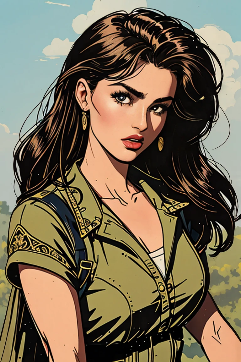 uma obra-prima, Melhor qualidade, woman wearing a gray militar camouflage dress,rabbit ears tiara,Druuna,fake eyelashes,fleshy lips,looking to observer, little smile,light gray pantyhose,Paolo Serpieri Arte, Luis Royo Arte, milo manara arte, Bernie Wrightson arte, SCENARIO florish florest background