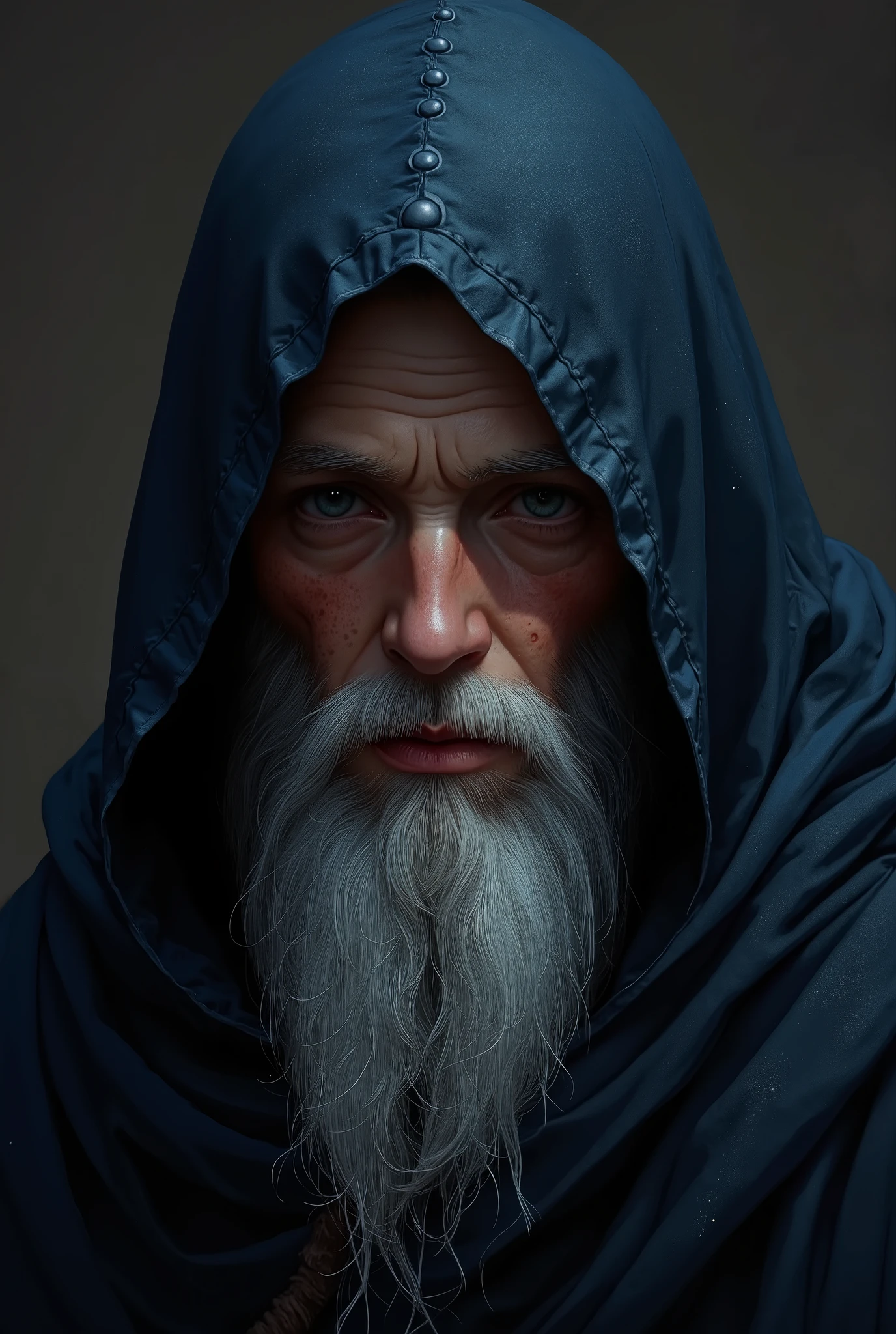 In the dimly lit scene, an aged wizard emerges from the depths of a hood, his face partially obscured by shadows. This evocative painting captures the wizard's weathered features, hinting at a lifetime of knowledge and arcane power. Wisps of silver-grey hair cascade from beneath his hood, framing a face lined with wisdom and experience. The carefully crafted brushstrokes convey a sense of mystery and mystique, emphasizing the wizard's enigmatic presence. This high-quality painting juxtaposes darkness with ethereal beauty, transporting viewers into a realm of ancient magic and unknown tales.