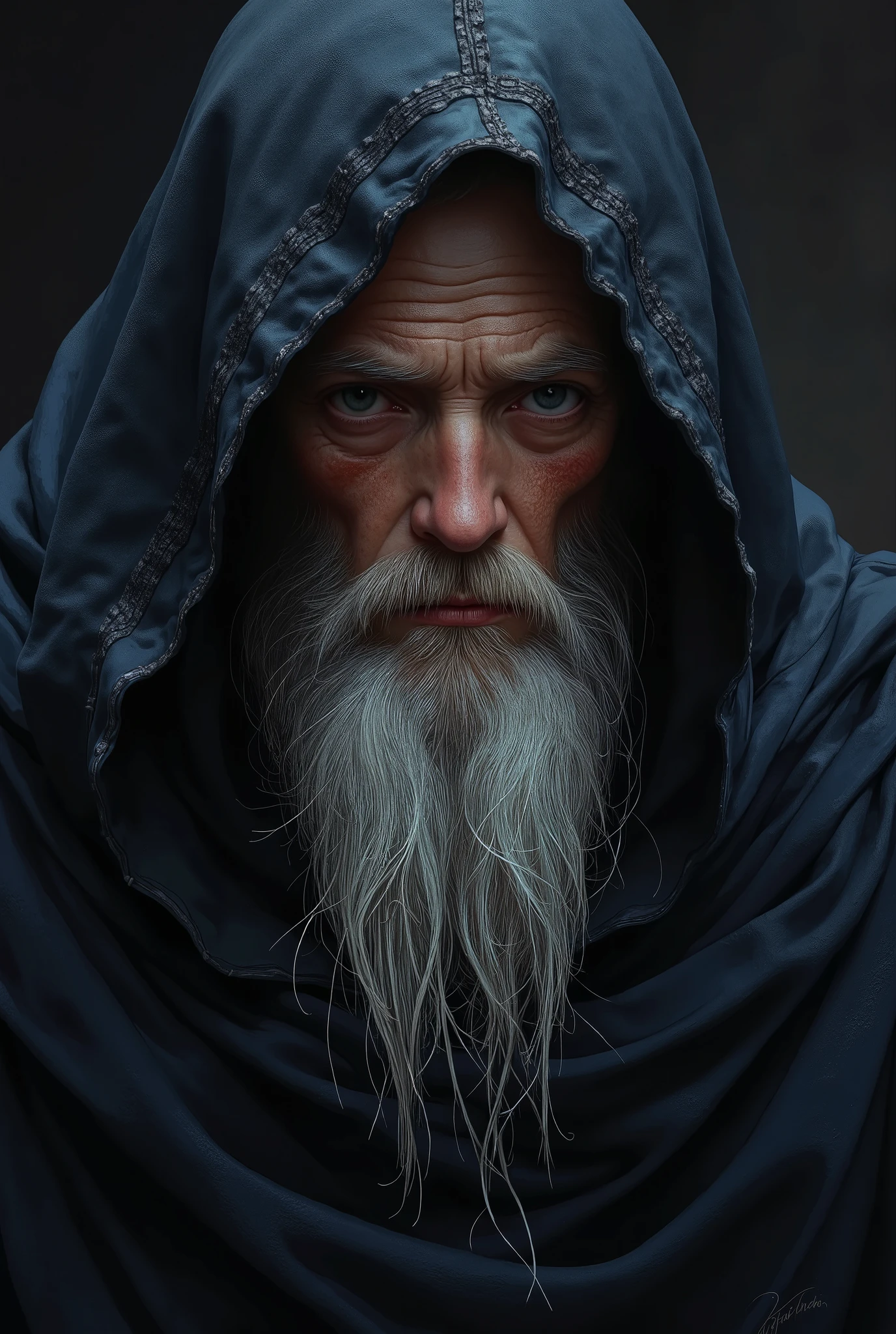 In the dimly lit scene, an aged wizard emerges from the depths of a hood, his face partially obscured by shadows. This evocative painting captures the wizard's weathered features, hinting at a lifetime of knowledge and arcane power. Wisps of silver-grey hair cascade from beneath his hood, framing a face lined with wisdom and experience. The carefully crafted brushstrokes convey a sense of mystery and mystique, emphasizing the wizard's enigmatic presence. This high-quality painting juxtaposes darkness with ethereal beauty, transporting viewers into a realm of ancient magic and unknown tales.