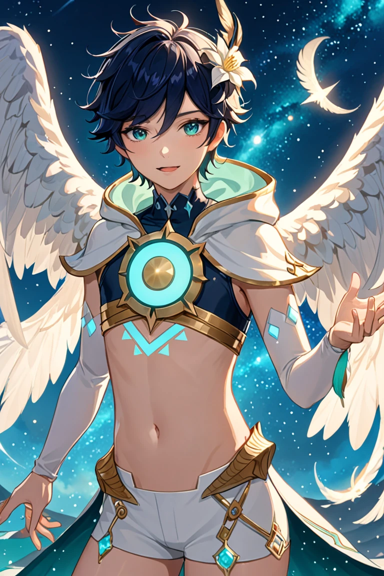ventiarc, hair flower, crop top, bridal gauntlets, hooded capelet, white shorts, single thighhigh, feathered wings, midriff, naked, male nipples, male dick, femboy, 1boy, solo ,White hair