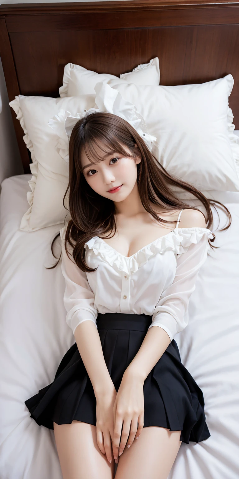 ((full body)), ((Satellite view, Satellite view display)), ((realistic)), 1girll, interior scenes, ((Lie down, Lie flat on the bed)), Pleasing posture, Eye-catching poses, pretty legs, looking at viewert, Detailed scenes, curlies, Air bangs, Beautiful hair accessories, Brownish-yellow hair, light make-up, Blushlush, Gloss on lips, ((White color blouse, cropped shoulders, v neck, Short black high-waisted skirt, Nice belt)), (Campus style), warm lights, a warm color palette, Detailed details, ultra-detailliert, (tmasterpiece, best qualtiy), (An extremely delicate and beautiful work), Delicate earrings, Delicate necklace, Simple blurred background, Extreme detail description, Ultra-fine painting, Delicate face, slim toned body, Slimming the waist, (grin, happy grin, Baring teeth), (anatomy correct)