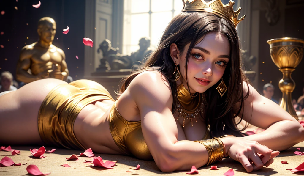 ((Aletta ocean face:1.3)), woman, ((perfect skin:1.4)), adorned in medieval armor, laying down, metal muscles, emanating a medieval elegance and marvel, armor pump boots, chrome reflective bra, chrome silver tiara, small armband, (shoulder armor), gauntlets, armored skirt, sword, shield, exposed midriff, (puffy lips:1.3), detailed eyes, ((slendered abs )), wide hips, (puffy lips:1.5), slender abs,rim lighting, side light, cinematic light, ultra high definition, 8k, film grain,best shadow, light particles, detailed skin texture, detailed gem armor texture, detailed face, intricate details, super detailed, bright, spiked heel boots