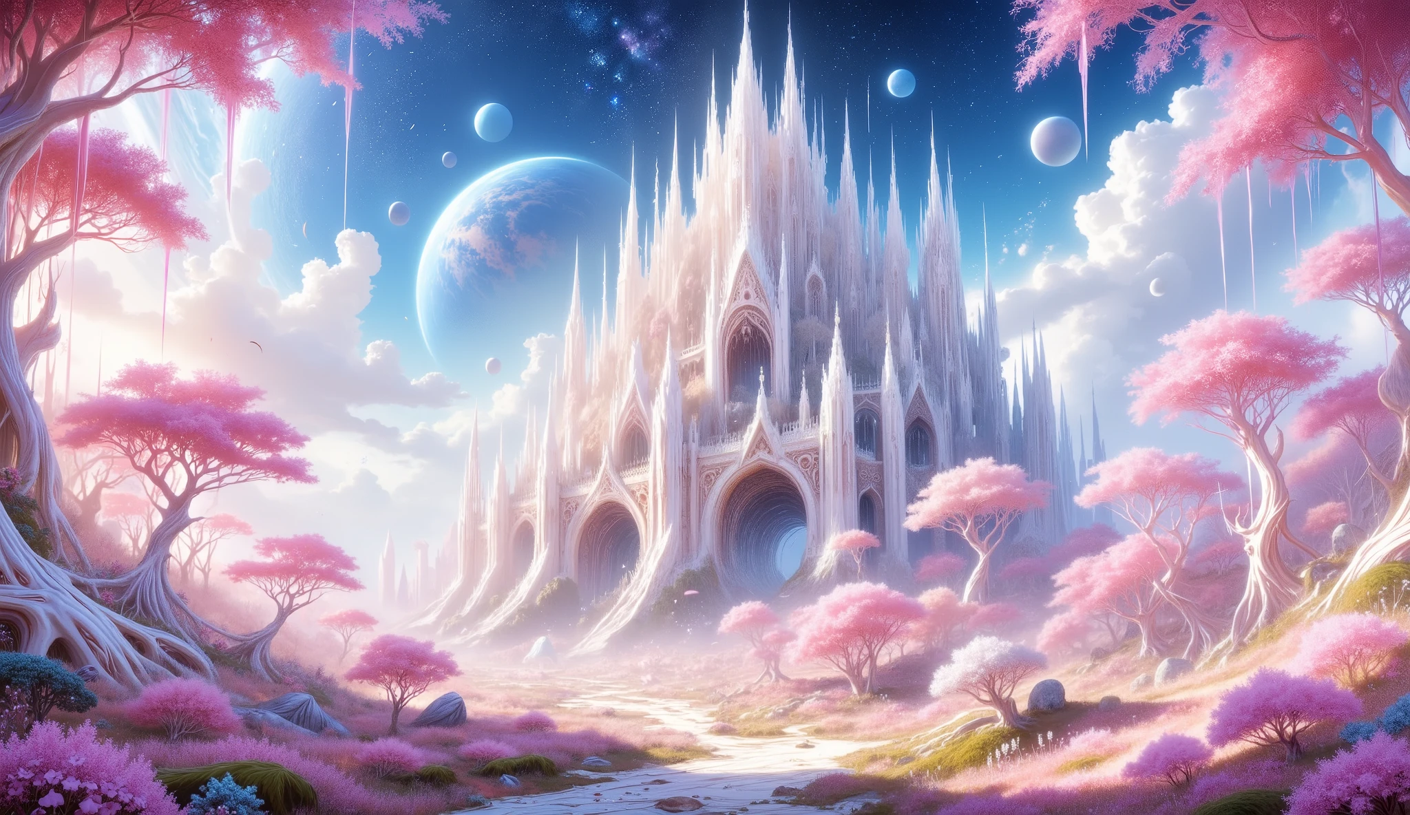 masterpiece, a beautiful bright white castle, a large cherry blossom forest, a lot of clouds everywhere, a planet in the sky and stars, un castillo muy Detailed, beautiful cherry blossom forest of stunning color, clouds all over the landscape, a beautiful planet , wallpaper, 4k, HD, Detailed, 8K, Background