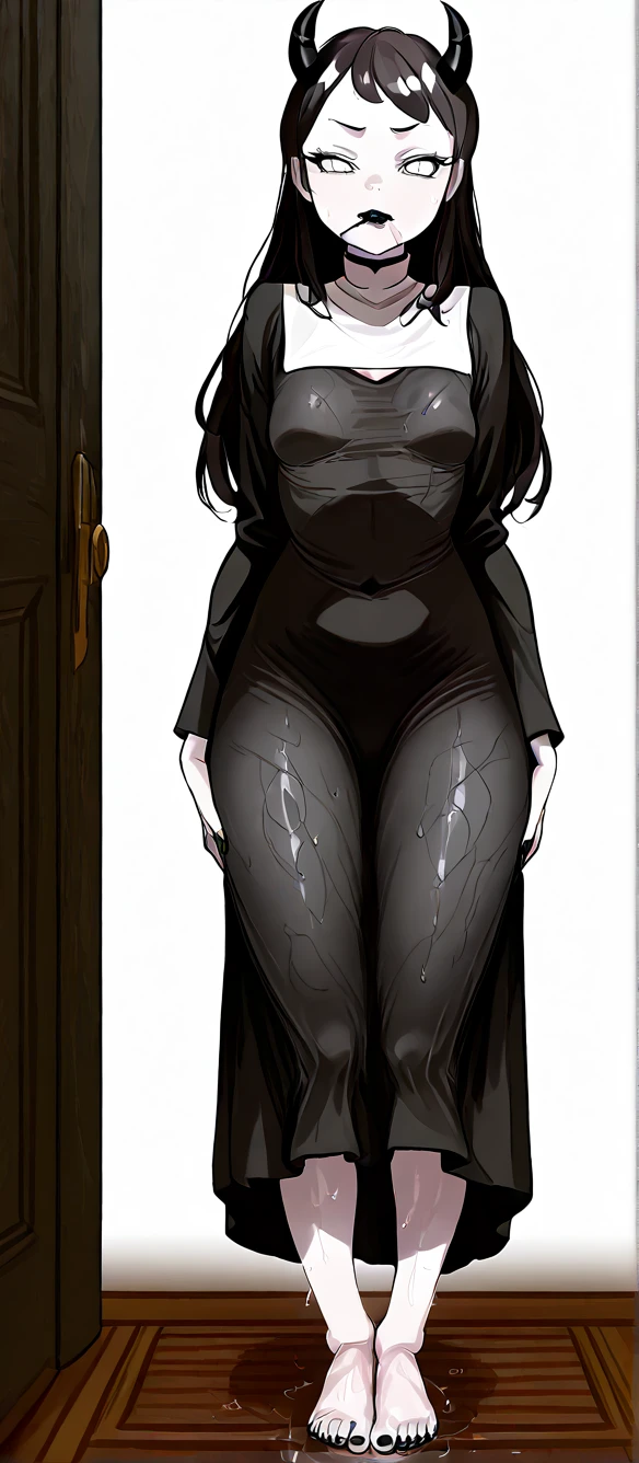 ((Best Quality)) ((Perfect Autonomy)) Masterpiece. (Red eye 1.3) ((sexual)) (big udder) Solo woman, gray skin, long length black hair, evil smile, lovesick,
Hearts all around her, naked, big breasts, sexy sagging body, pubic hair, long length pubic hair, full body, Standing, inside the living room.