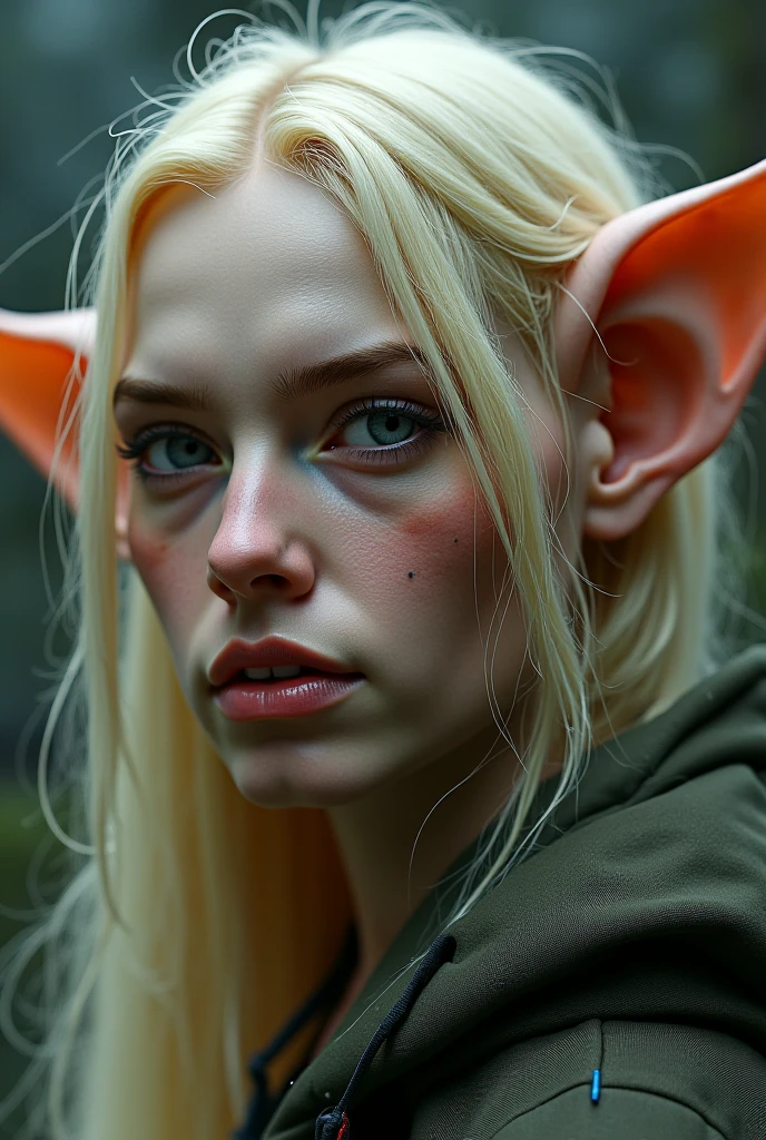 cinematic lighting, hyperrealistic, 8k, highly detailed, photorealistic, masterpiece, beautiful busty ginger elf woman, freckles, satin white button blouse, long orange hair, big breasts, breast expansion, cleavage expansion, cleavage popping out of shirt, nervously staring directly at viewer, super long and pointy elf ears, big eyes