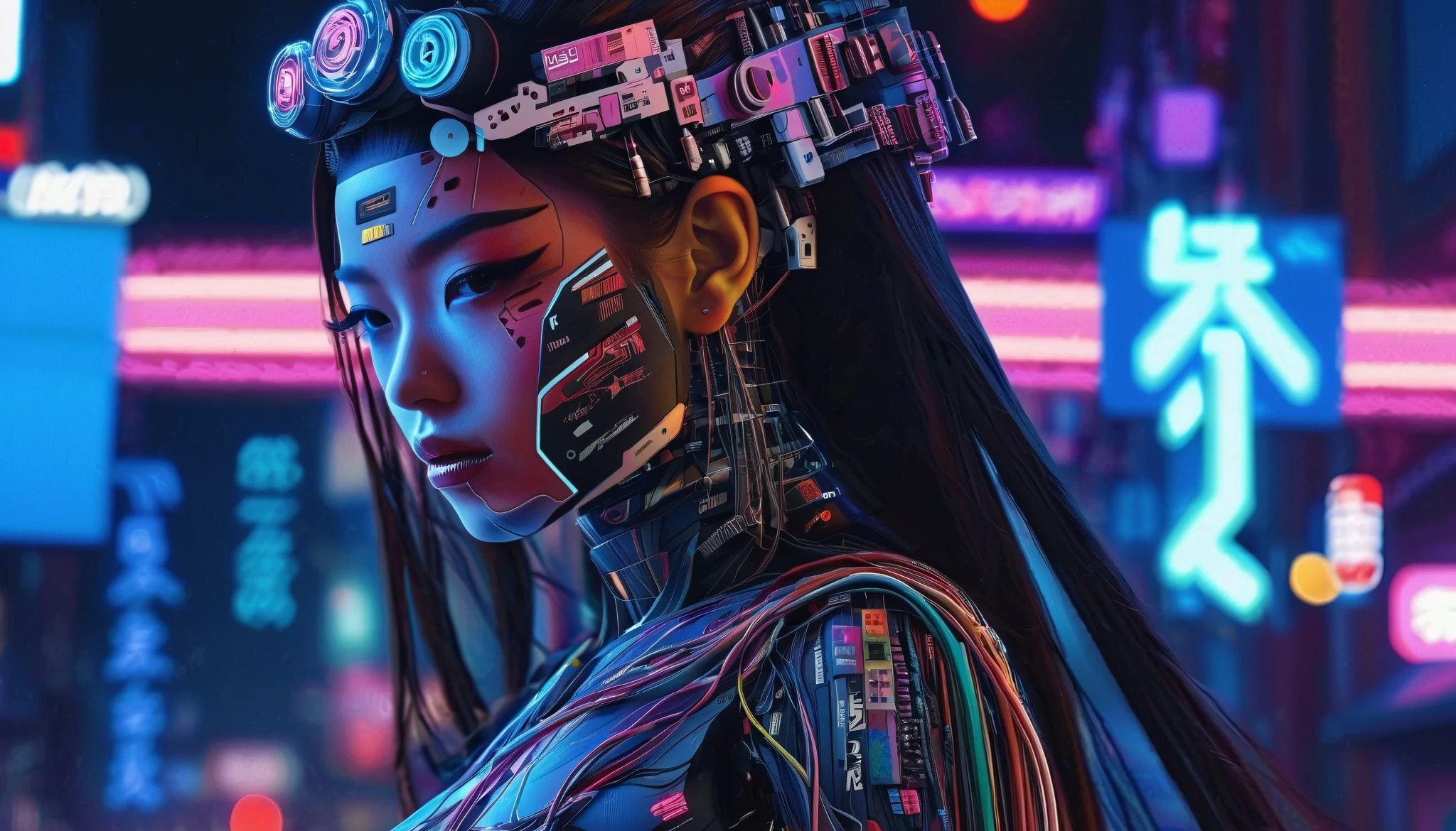High technology, futuristic, cyborg girl, (photorealistic:1.4), long hair made of cables, robotic, lots of computer cables in the bacground, ultra high res, uhd, 8k, neon lights, japanese culture, kimono, jspanese demon