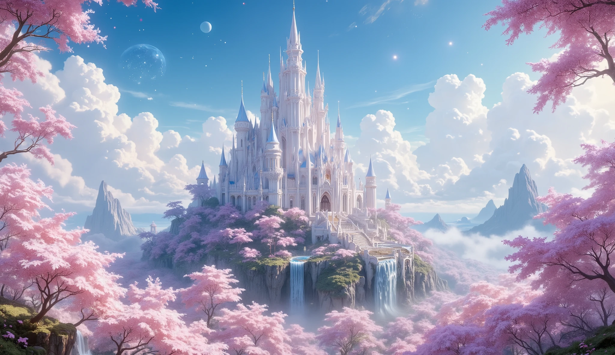 masterpiece, a beautiful bright white castle, a large cherry blossom forest, a lot of clouds everywhere, a planet in the sky and stars, un castillo muy Detailed, beautiful cherry blossom forest of stunning color, clouds all over the landscape, a beautiful planet , wallpaper, 4k, HD, Detailed, 8K, Background