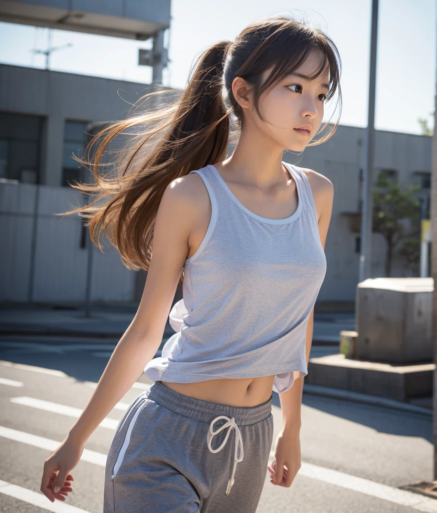 1 girl, solo, running, Gray Track Top, pink shorts, ponytail, athletic build, dynamic brushstrokes, fluid movement, capturing the essence of her athleticism and energy, using light colors and soft tones to create a dreamy and ethereal atmosphere, portraying the motion and grace of running, showing the wind blowing her ponytail and clothes, and the scenery of her surroundings.
outdoors, detailed background, Modern metropolis,