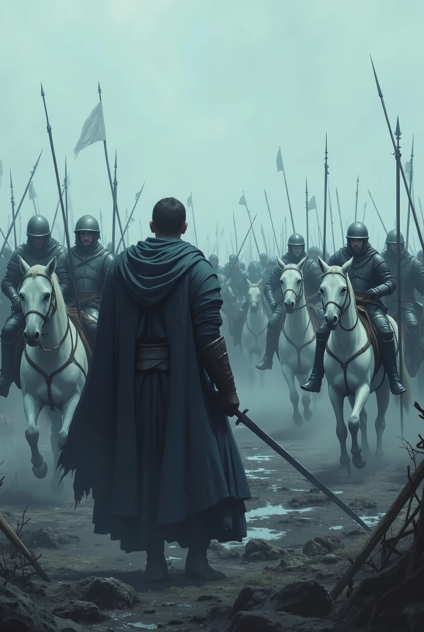 Create a dynamic and intense battle scene with a lone warrior facing an overwhelming cavalry charge. The warrior, standing in the foreground with his back to the viewer, holds a sword ready for combat. He is surrounded by muddy and grim battlefield terrain. The cavalry soldiers are charging towards him on white horses, their armor gleaming, and expressions focused on the battle. The sky is overcast, and the overall color palette is muted with shades of gray and blue, conveying a cold and tense atmosphere