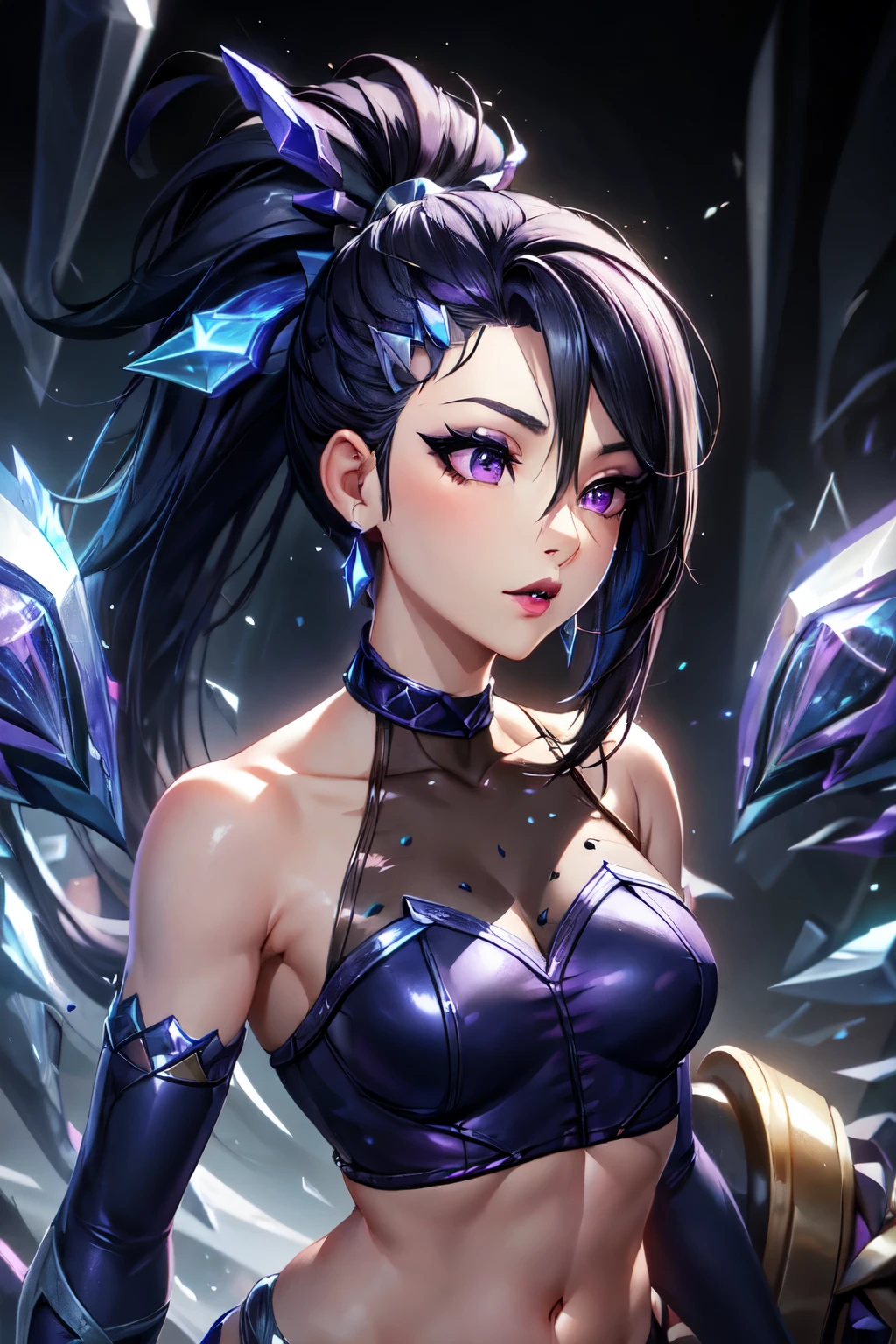 score_9, masterpiece, league of legends, front view, upper body photo,
andand alloutanandisa, 1 , Alone, and/and \(league of legends\),
ponytail, hair ornament, very and rand hair, multicolored hair, Very long hair, hair between the eyes, hair clip, bicolor hair, fringe, streaanded hair, hair pulled bacand, asymmetrical fringe,
purple eyes, eye shadow, lipsticand, lips, purple lips, mascara,
choander, jewelry, toys, short top, halternecand, loose sleeves, fingerless glove, elbow gloves , some purple ones, bracelet, enamel,
belly, bare shoulders, navel, basic, crystals, perfect