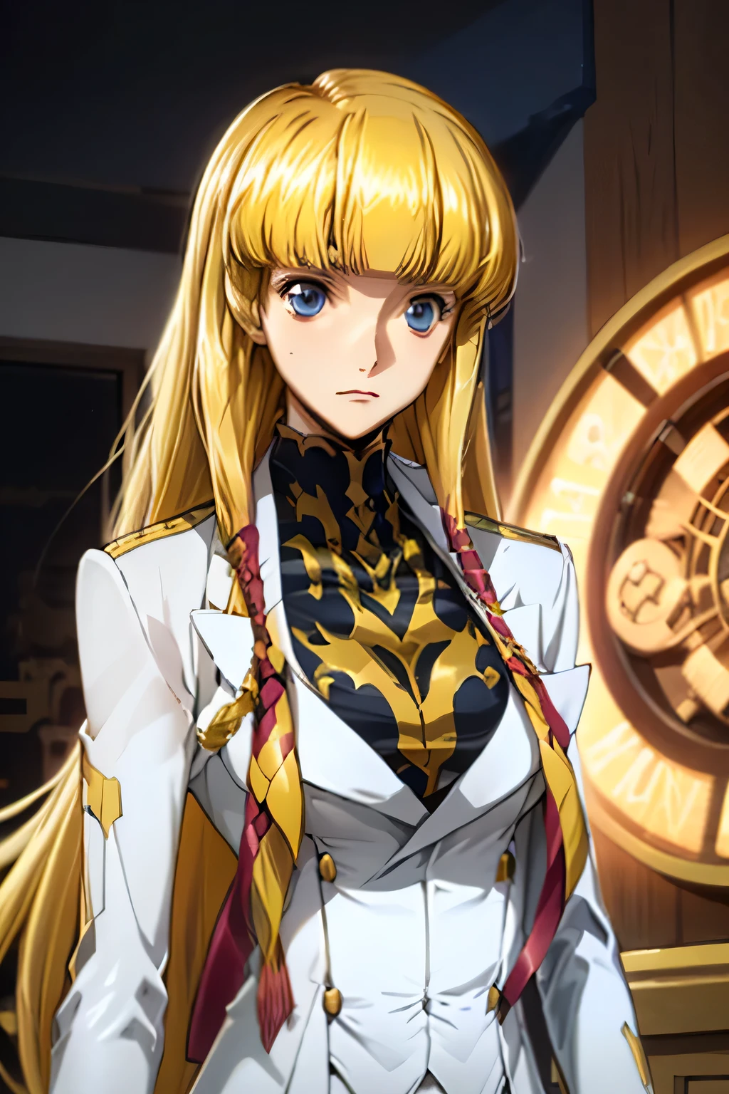 perfect anatomy top quality,highest resolution in ,(((shiny white military uniform Shiny Blonde Dark blue eyes shiny skin))) cord gears Monica long hair straight expressionless flat chest woman cool