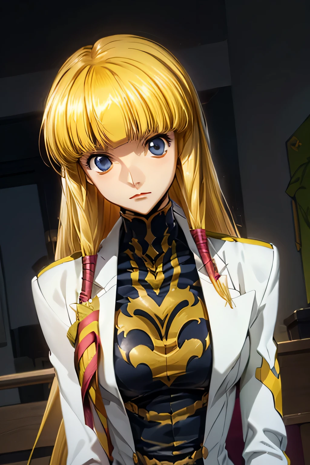 perfect anatomy top quality,highest resolution in elementary school,(((shiny white military uniform Shiny Blonde Dark blue eyes shiny skin))) cord gears Monica long hair straight expressionless flat chest woman cool