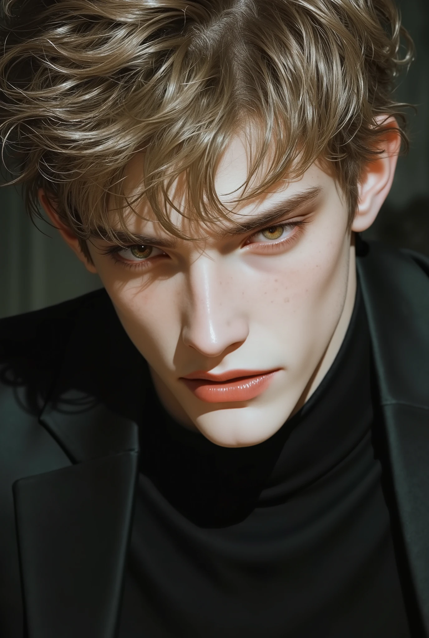 A hansome s 19 yrs man with a mesmerizing eyes, left eye, a crimson color and in the right eye with a wixed colors gold,hazel, and green. messy curtain tea blonde hair. golden ratio face