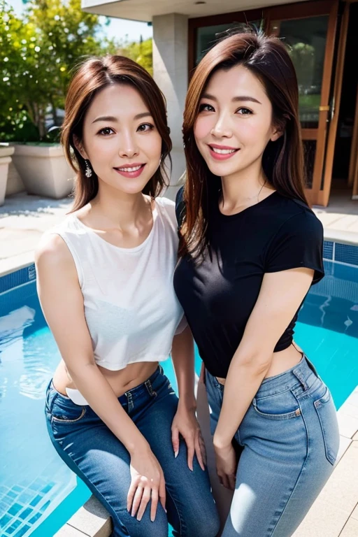 1 male, 1 female, (male model hugging female model, hugging chest and buttocks kissing neck: 1.2, intimacy: 1.2), Araff woman in pink top and jeans and handsome male model, Korean female fashion model, photo of slim girl model, wearing tight simple clothes, thin waist and thick buttocks: 1.1, gorgeous young Korean woman wearing sexy cropped top in crop top in crop top, Korean girl, casual clothing style, 2 4 year old female model, beautiful Korean woman, HD, 16k, realistic, small round face: 1.0, realistic perfect face and skin, detailed beautiful glasses, double eyelids, long eyelashes, swollen eyes, realistic face and eyes, facial light, super detailed facial details, lip gloss, blush: 1.0, brand open crop top (pink, open V-neck, super realistic detailed clothes: 0.8, huge boobs: 1.5, perfect breasts and nipple bulge: 1.5), high-end brand skinny jeans ((super realistic detailed jeans: 0.6)) , perfect big boobs, perfect breasts, perfect waist, perfect buttocks, (enchanting, beautiful, sexy: 1.0), (round calves: 1.2), (white and tender toes: 1.2, wearing high-end designer crystal sandals (stiletto heels: 0.5)), realistic and stylish shawl hair, shoulder length: 1.0, smiling teeth: 1.0, handsome male model: 1.0, private shooting, private shooting, background ((super luxurious yacht, green venue, buffet table, swimming pool, Poolside umbrellas and beach chairs)), dating a male model: 1.2, dancing gracefully: 1.5, autofocus: 1.2, versatile poses, shooting full body: 1.5