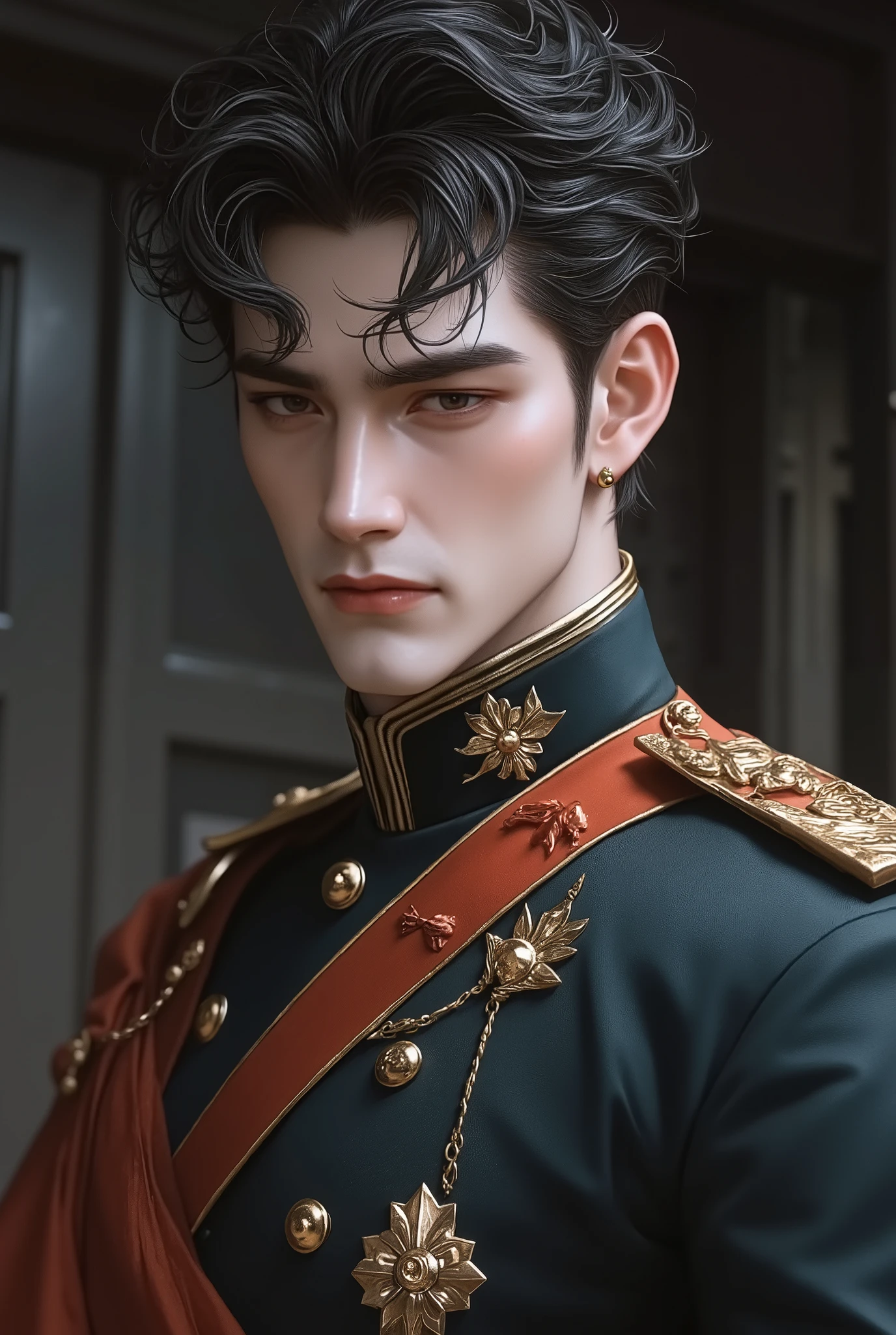 (Best quality at best,Photorealistic),(dark,feels) Young person, One guy,detailed black eyes, Thai guy good looking man in uniform standing in front of building, in full military garb, in a soldier uniform, Inspired by Zhang Sengyao, in a soldier uniform, Court Costume Akira, in a soldier uniform, Imperial team, in a soldier uniform, Wearing imperial equipment, Wearing a soldier's uniform, Inspired by Oka Yasuyu, Italian man wearing old samurai uniform,,。dark skin., ((Very relaxed and lazy look!)), ((Unintentionally exposing chest muscles))Handsome male, Handsome chad chin, Handsome and attractive, Handsome and elegant, Handsome man, Sexy masculine, masculine and Handsome, , Handsome, Attractive posing, attractive male, Attractive man,40-year-old man!Lift your little head,Kominan wearing an army coat(closeup portrait!))showing off his hairy pecs。(Show hairy chest muscles),),(Use a short beard collar),Wear a military uniform and wear one without buttons!Show hairy chest muscles),),(Use a short beard collar,)headspace!Charming and serious look,(Handsome man,sitting down,poorly dressed,Perfect body anatomy,Beautiful man face detail,perfect foot,perfect hand!Ultra-low angle shooting!!