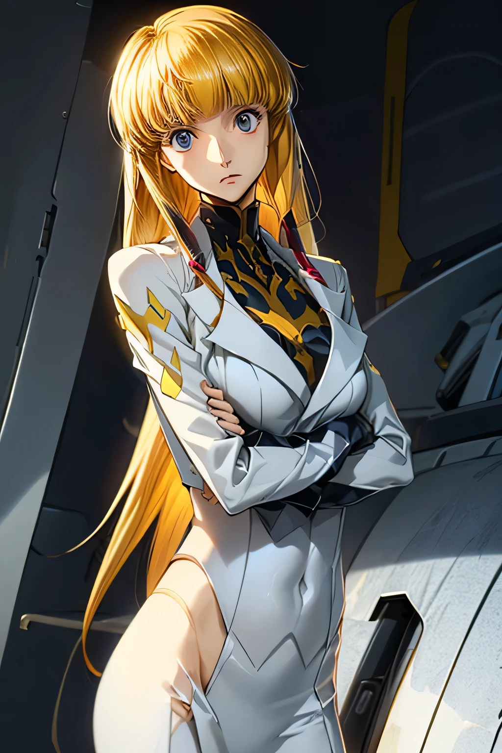 perfect anatomy top quality,highest resolution in elementary school,(((shiny white pilot suit Shiny Blonde Dark blue eyes shiny skin))) cord gears Monica long hair straight expressionless flat chest woman cool