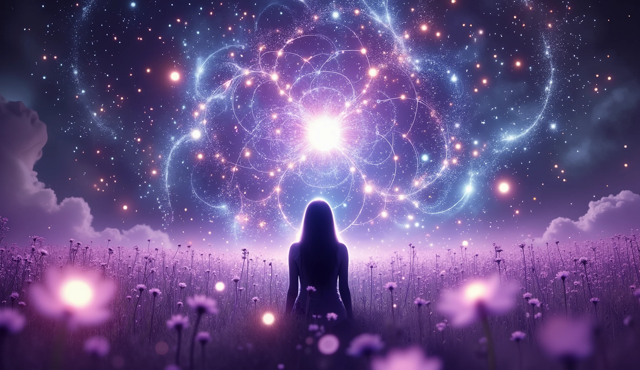 A solitary woman resting on her elbows in a glowing flower field, staring up at intricate star patterns formed by a mathematical equation, with a dreamy aurora borealis above, surreal fantasy art, ethereal atmosphere, soft ambient light, deep purple and blue tones, luminous flowers, bokeh effect on flowers, high-resolution digital painting, ultra-detailed.