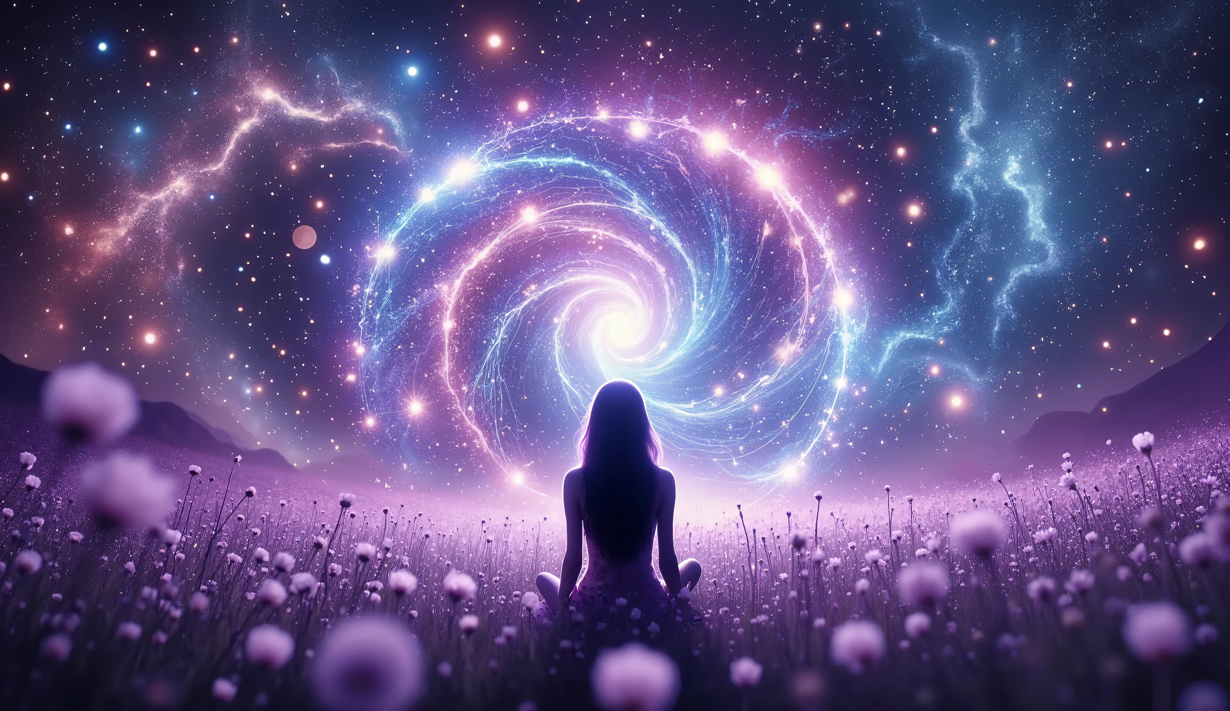A solitary woman resting on her elbows in a glowing flower field, staring up at intricate star patterns formed by a mathematical equation, with a dreamy aurora borealis above, surreal fantasy art, ethereal atmosphere, soft ambient light, deep purple and blue tones, luminous flowers, bokeh effect on flowers, high-resolution digital painting, ultra-detailed.