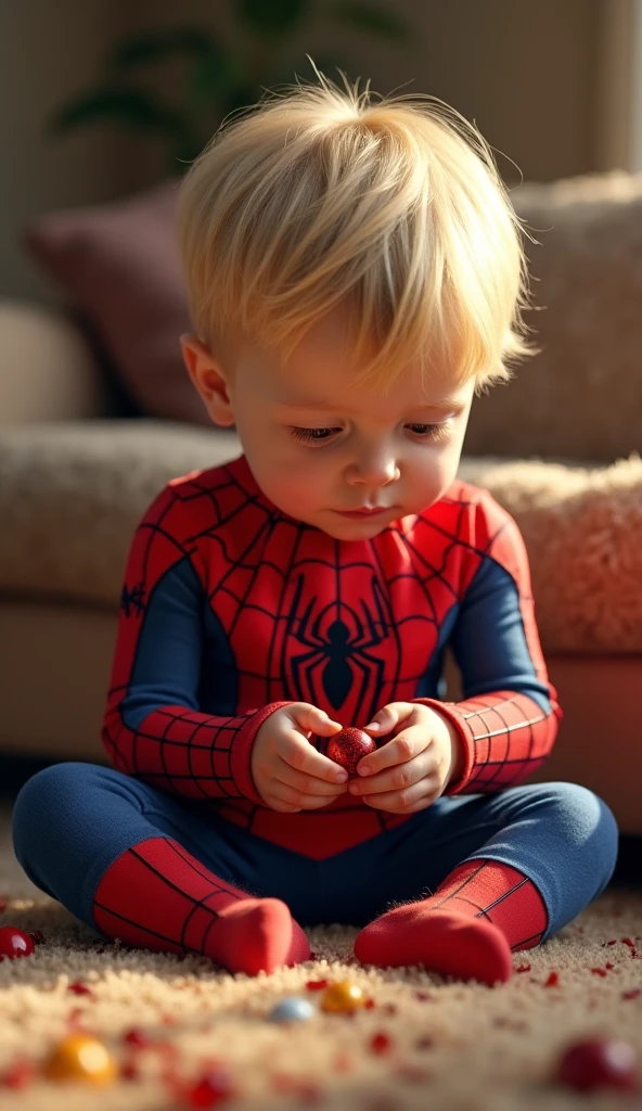Disney about , Sitting on a stone, facing the front. The stone is in the middle of a lake, Then, your feet touch the surface of the water. A serene smile lights up your face, conveying a sense of joy and inner peace. His outfit consists of a Spider-Man costume., and their feet are dressed in stockings, with legs relaxed, his feet hang down while he is sitting . In his hand he had a cloth mask.