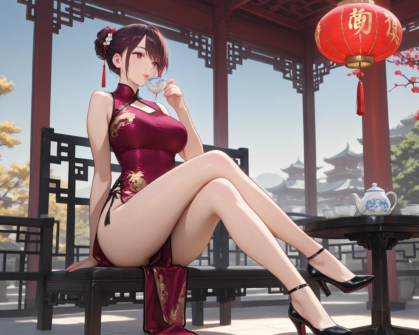 Hojo Tsukasa manga style,luxury casino,Beautiful secretary 25 years old sitting on chair,plump breasts,Wear black-rimmed glasses,exquisite earrings,Red gold edge cheongsam,black stockings,red high heels,front,full body portrait,Horizontal viewing angle,rich and colorful,Japanese manga artist Tsukasa Hojo'style,depth of field,White background,Overclocked renderer,movie lighting,Ultra-fine,super detailed,CG art,