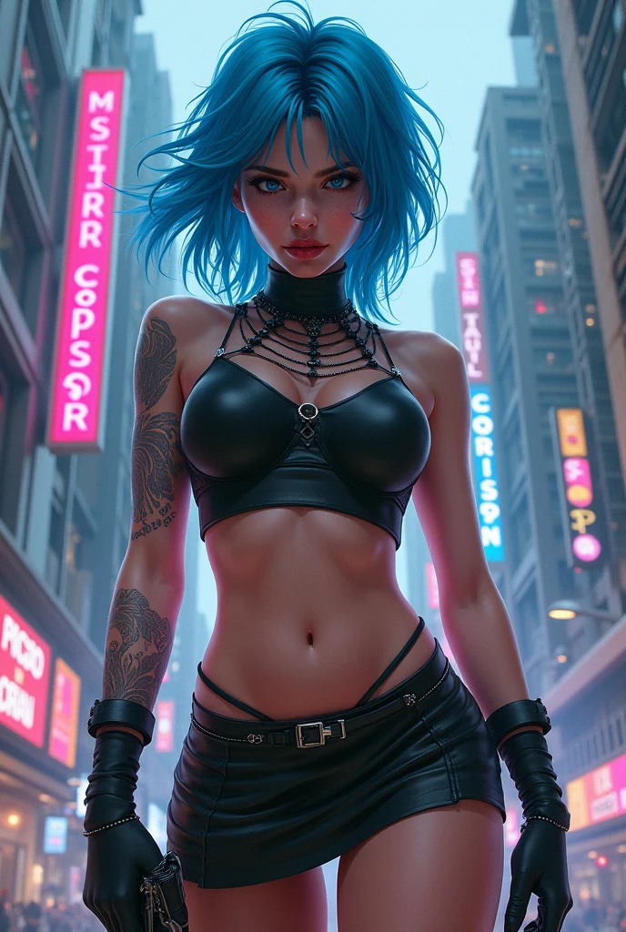 A woman with colorful hair and tattoos standing in a city., cyberpunk art inspired by rossdraws, trend in artstation, psychedelic art, RossDraws Vibrant Pastel, rossdraws vibrant cartoons, cyberpunk vibrant colors, colorful digital painting, colorful art germ!!!, dreamy colorful cyberpunk colors, gorgeous digital art, digital cyberpunk - anime art, colorful aesthetics, cyberpunk style color