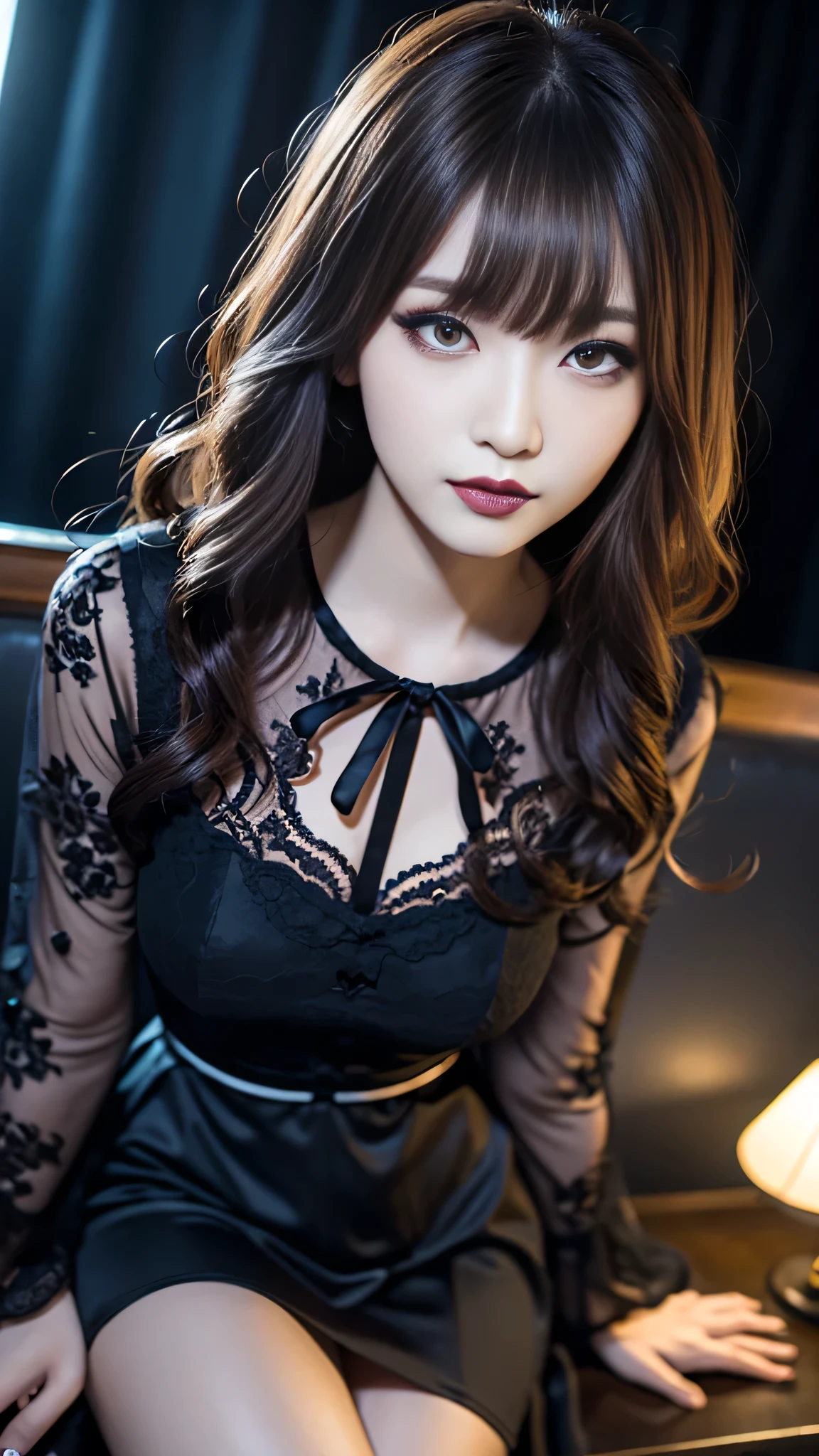 Kasumi, brown eyes, (best quality, ultra-detailed), (realistic:1.37), beautiful and detailed face, ultra-realistic texture, delicate face, delicate body, strong red lipstick, bright colors. High definition, 8K. expression with a slight sweet smile