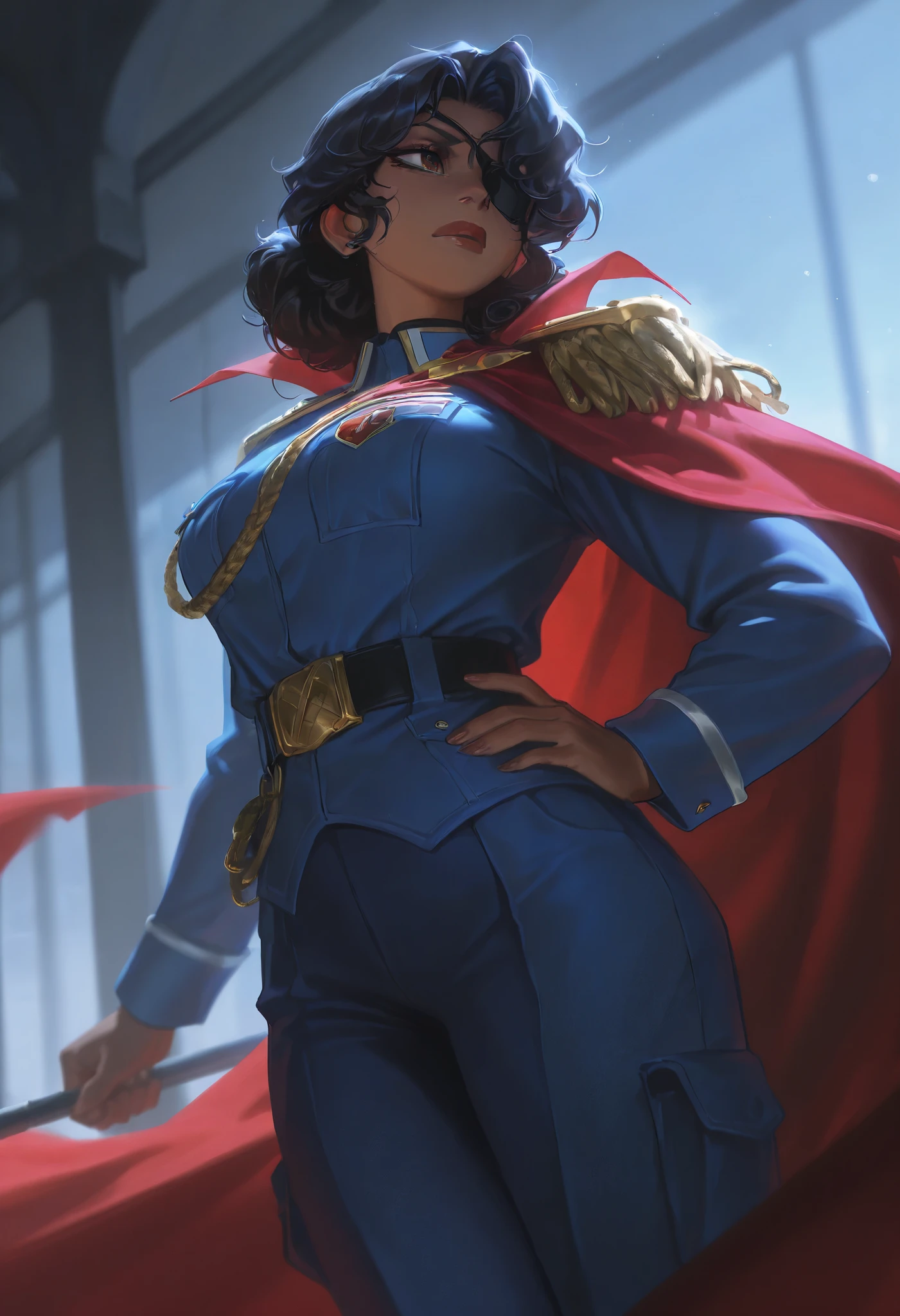Score_9, Score_8_up, Score_7_up, Score_6_up, anthro,\(quality\), L0LSPL4SH, year2024, year2023, 1female, mature female, old female, eyepatch, taller frame, dark skin, dommy mommy, medium curled hair, black hair, brown eyes, determined gaze, wearing a blue uniform, long militar uniform, red cape, L0LSPL4SH,