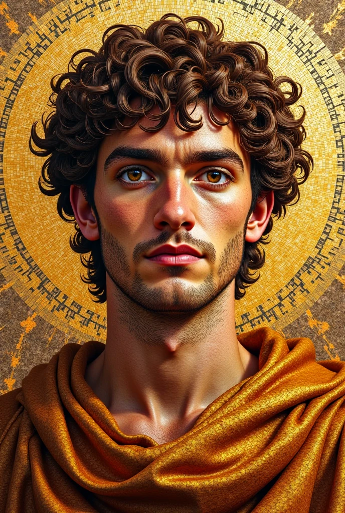 Ultra 4K HD image, must represent a mosaic like that of Justinian I the great, being a character in that same style, without hat, with medium curly hair, with touches of gold and with a fringe falling on one side, with a golden robe, and a background that is also gold but darker, important that it looks like a mosaic of the time. The character's hair must be brown brown and his face must express nobility, seriousness and trust .