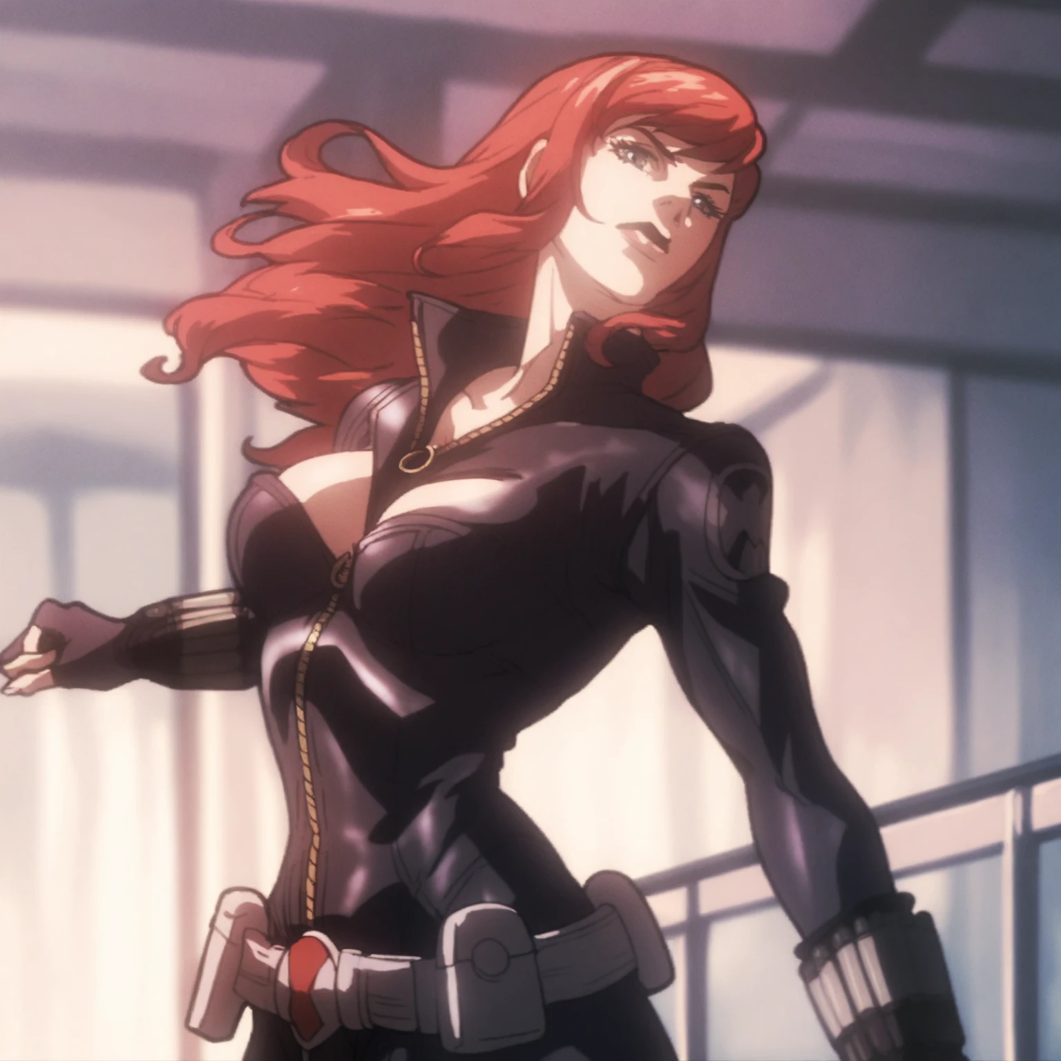 The image is a digital illustration of a woman with red hair, wearing a sleek skin-tight shiny blue latex bodysuit with a deep-cut zipper neckline revealing a large chest, the zipper running down the front. Her body is curvy, and she is brandishing a gun in her right hand. Her left hand is also visible with spread fingers resting against her hip. Her bodysuit is detailed with a belt. The gun she is holding has a distinctive design detail. The background of the image features a brick wall.