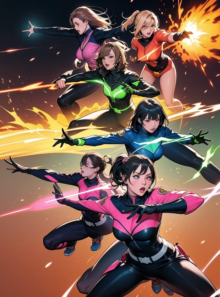 A brave and courageous image of a six-member ranger team, Each one is decorated in vibrant colors.、:: pink, Red is in front of center, violet, green, yellow, Blue Black, white,. Metallic shiny bodysuit, Dynamic poses with backgrounds that exude energy and courage, neon, fire, plasma, fluorescence, shocking, Bomber, Fighting Pose, Action pose, Embodying the essence of the classic Sentai superhero team. Each Ranger:: The clothes are sophisticated and modern, Each color has elements that reflect its theme., Ready for action. ((Camel Toe)), energy light in hands, With the sunset in the background , Cinema Lighting, Cover art mixed movie poster style,