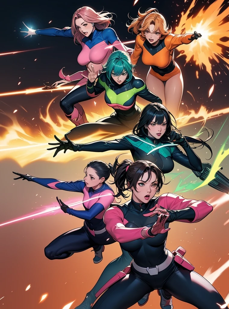 A brave and daring image of the six-woman Ranger team, Each is decorated with the following vibrant colors:: neon pink, Sky blue, Fire engine red, plasma violet, Fluorescent Green, shocking yellow. A dynamic pose with a background that oozes energy and courage.。, Embodying the essence of the classic Sentai superhero team. Each Ranger&#39;s outfit is sleek and modern, Each color has elements that reflect its theme., Ready for action. ((camel toe))