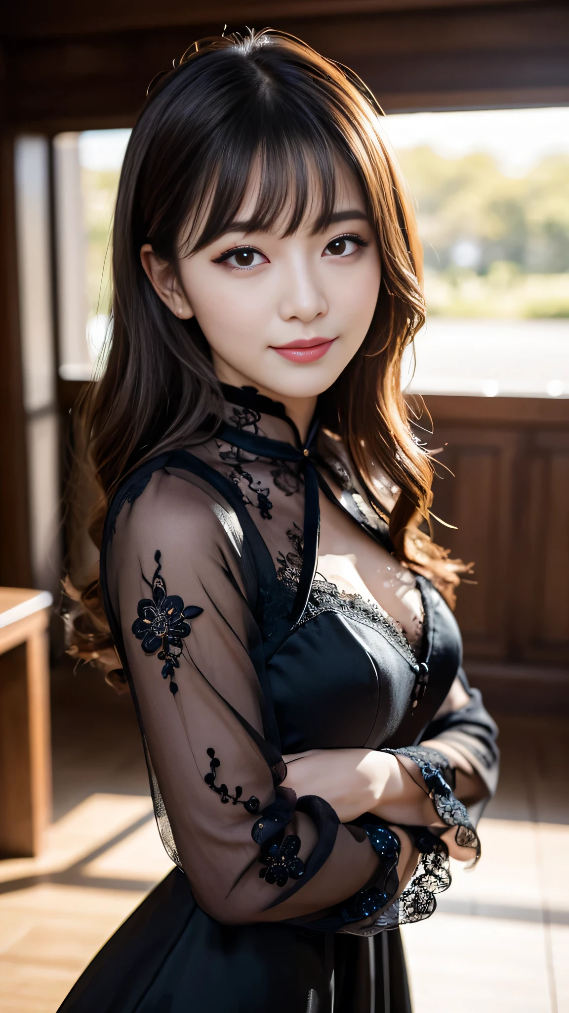 (Eyes facing forward 2.5),(Big Tits 1.8),(A gorgeous Chinese dress with a beautiful cleavage 1.8),(The color of the Chinese dress is black),(Table Top 1.8),masterpiece，Highest Resolution，Dynamic bust of a beautiful Chinese woman，Delicate black bun，,Black clear eyes，Her hair is covered with beautiful and delicate floral detailing., crystal jewelry filigree，Ultra-detailed details，beauty effect，Soft Lighting。