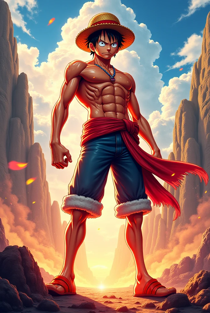 Um personagem de One Piece, he has red hair, wears black pants with a red detail, is 2 meters and 40 centimeters tall, He has a scar on his eye and another large scar on his chest that is shaped like an X and he also wears red flip-flops., thin and not very muscular