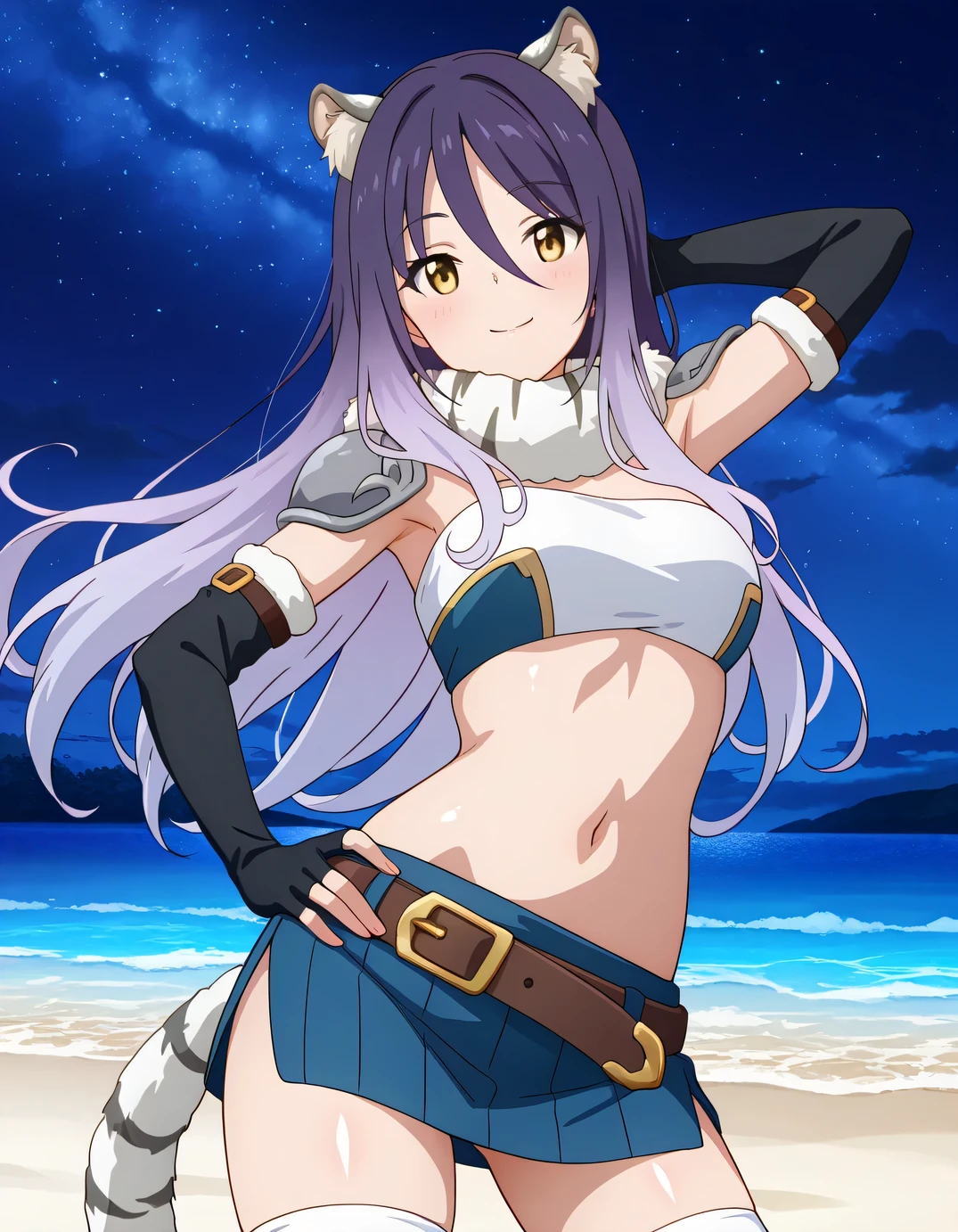 shiori, game screencap, long hair, hair between eyes, multicolored hair, purple hair, light purple hair, yellow eyes, tiger ears, tiger tail
scarf, tube top, single shoulder pad, fur trim, midriff, elbow gloves, fingerless gloves, brown belt, blue skirt, white thighhighs, shiny skin, solo, night sky, beach, armpits, hand behind head, hand on hip, ((contrapposto)), closed mouth, cowboy shot, looking at viewer, smile, best quality