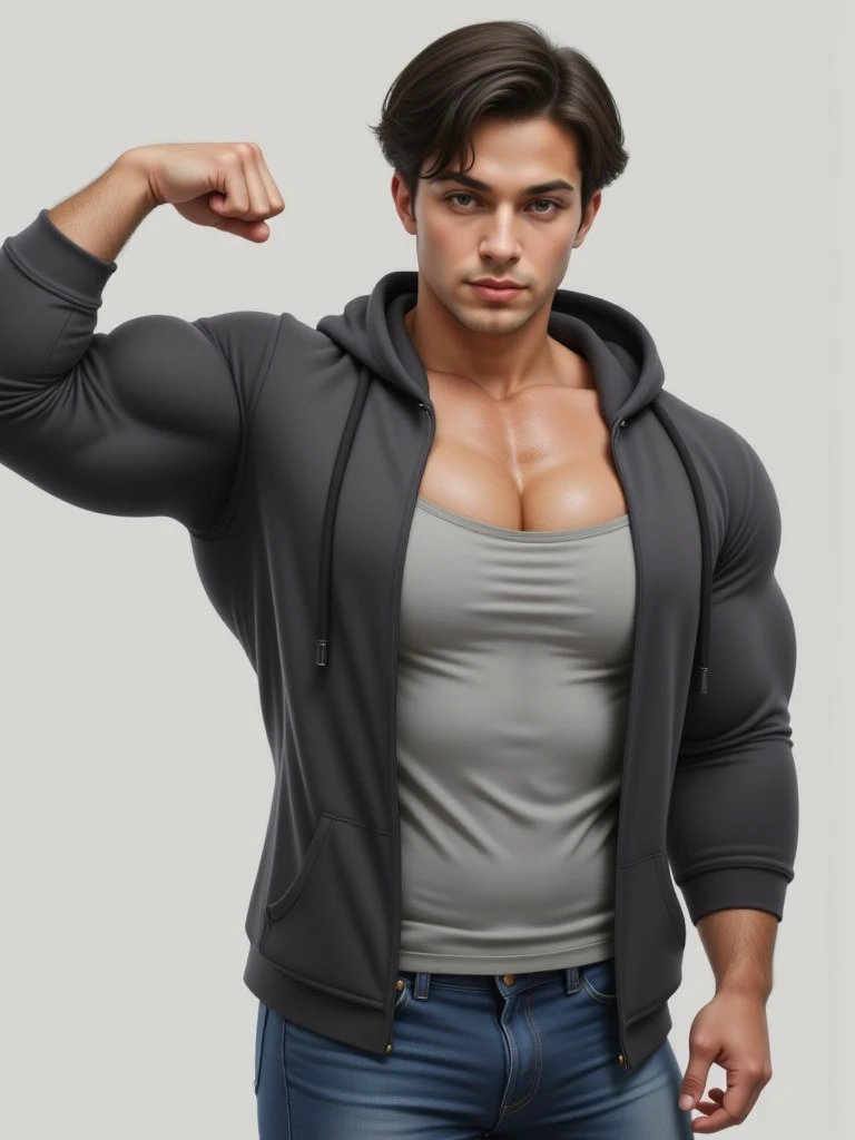 Man in blue hoodie and sweatpants posing for photo, exaggerated muscle physique, bodybuilder physique, tipo de corpo muscular, athletic body build, slender and muscular build, perfect muscle structure, big wide broad strong physique |, corpo do fisiculturista, abdominais cinzelados, Fit physique, attractive sporty physique, musculoso masculino, exaggerated physique
