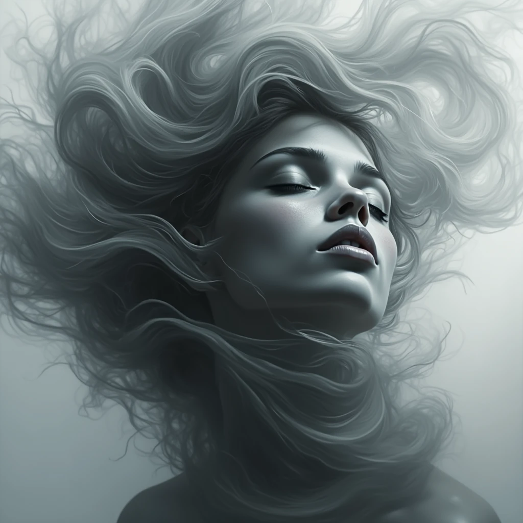 A hyperrealistic portrait of a very beautiful young woman , with a very pale face and an ecstatic appearance , with eyes closed . A strong overhead light illuminates her white face on a white background . A swirling smoke shapes her hair, improving the visual charm  , while the diffused lighting casts a soft glow on her pale flawless skin . The smoke doesn't let you see the hair, Swirls of smoke envelop her like an ethereal veil ,  creating a dreamlike and surreal atmosphere . The scene feels like a perfect fusion of beauty .  surrealism and high-quality details  ,  ideal for a hypnotic and otherworldly aesthetic  ,  Ophelia's Dream  . low saturation monochrome photograph of an ecstatic young woman , Antigua , grunge , lighthouse , | ,  The combination with realistic textures with dreamlike elements create a sense of mystery ,  transcendence and an invitation to travel into the unknown and create a visual masterpiece of great quality and captivating beauty, In a ghostly world of whitish fog, of dreams ,  of high quality and with many details , magical realism, Canon eos 5d mark 4 ,  lighting by Rembrandt (0,70)