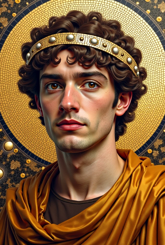 Ultra 4k hd image, must represent a mosaic like that of Justinian I the great, to be a character in that same style,  without hat, with medium curly hair, with touches of gold and with a fringe that falls on one side, with a golden robe, and a background that is also made of gold but darker, important that looks like a mosaic from the time. The character's hair must be brown brown and his face must express nobility,   seriousness and trust  .