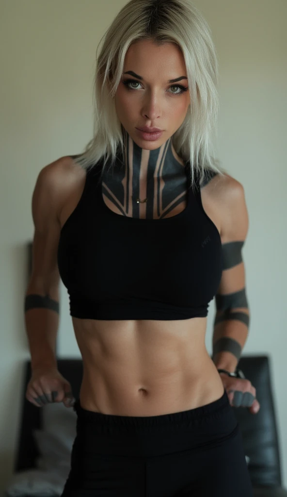 katopunk, RAW photo, a close up portrait photo of a pretty girl, sports bra, gym, short hair, perfect face, perfect eyes, toned stomach (high detailed skin:1.2), 8k uhd, dslr, soft lighting, high quality, film grain, Fujifilm XT3, <lora:katopunk_v3-000007:0.9>