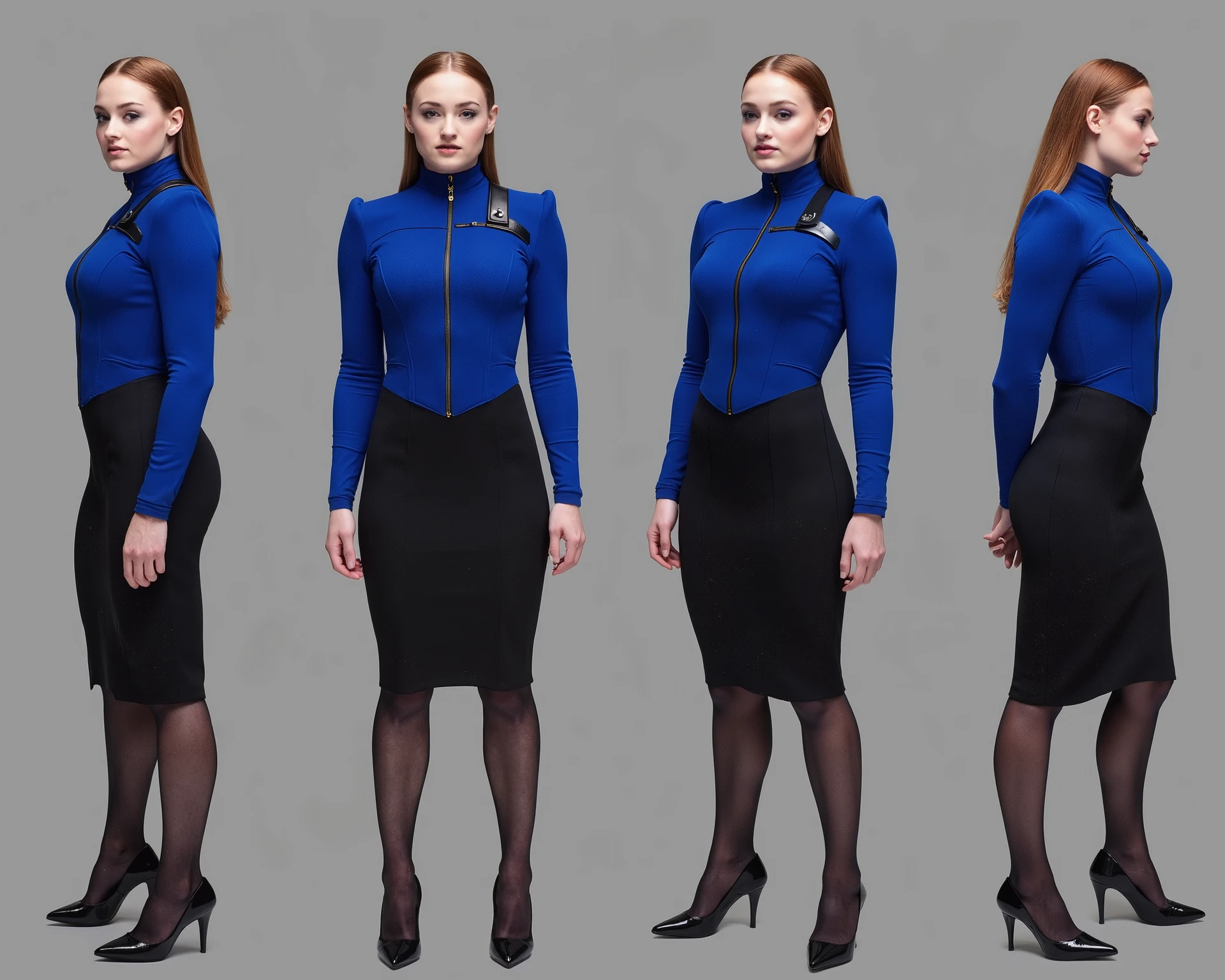 Same Sophie Turner wearing the same clothes, stands exactly full-length image in four different poses, 1 pose front view, 2 back view , 3 side view, 4 half-side view , dressed in a blue tight suit, black skirt with a cut out at the leg, blue jacket zippered jacket with pagons on the shoulders with one gold stripe, black high-heeled shoes with pointed toes, stands on a gray background .