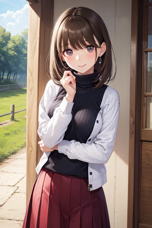 Anegasaki Nene, shiny brown hair, beautiful brown eyes, smiling face, sparkling pupils, (fine grain), highly detailed eyes, highly detailed face, highly detailed eyes,, (masterpiece:1.2, best quality), ((only1 girl)), cowboy shot,
best quality, 1 Female, black ribbed turtleneck knit, Strange pose, SMALL EARRINGS, long skirt:1.5, small summer town in the countryside ,