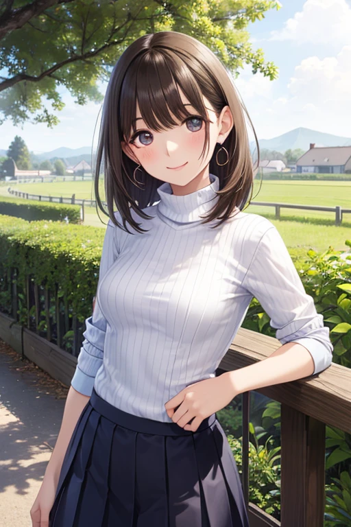 (masterpiece:1.2, top-quality), (realistic, photorealistic:1.4), beautiful illustration, (natural side lighting, movie lighting), 
looking at viewer, cowboy shot, front view, 1 girl, japanese, high school girl, perfect face, cute and symmetrical face, shiny skin, 
(short hair:1.2, bob cut:1.2, brown hair), swept bangs, dark brown eyes, long eye lasher, (large breasts:0.6, seductive thighs), 
beautiful hair, beautiful face, beautiful detailed eyes, beautiful clavicle, beautiful body, beautiful chest, beautiful thigh, beautiful legs, beautiful fingers, 
In the grass of a meadow, a girl stands, slightly, legs open. A complete body. Complete hands and legs. Thin waist.

Her face, bright red, flush and shy.
You can see her nipples standing out, even through her shirt. Her breasts are so large that you can see them even through the top of her shirt. （The skirt is shorter than normal, but it is a very short mini-pleated skirt that almost reveals her panties.)The girl has brown hair.


(The skirt is extremely short.), long sleeve white collared shirts, black pleated skirt, black socks)), 
(beautiful scenery), 