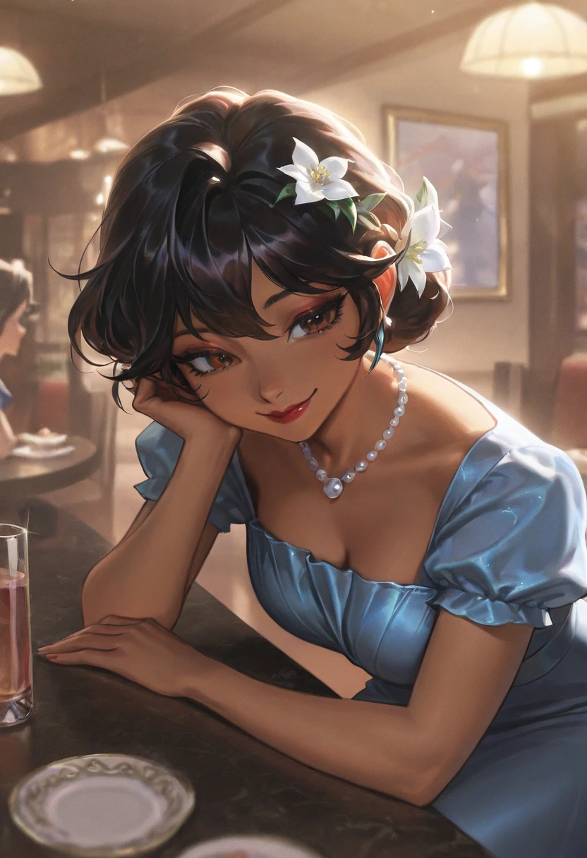 Score_9, Score_8_up, Score_7_up, Score_6_up, anthro,\(quality\), L0LSPL4SH, year2024, year2023, 1female, mature female, old female, taller frame, dark skin, dommy mommy, medium curled hair, black hair, brown eyes, soft gaze, smile, red lipstick, wearing a blue dress, flower on the hair, elegant, at the restaurant, luxury background, L0LSPL4SH,