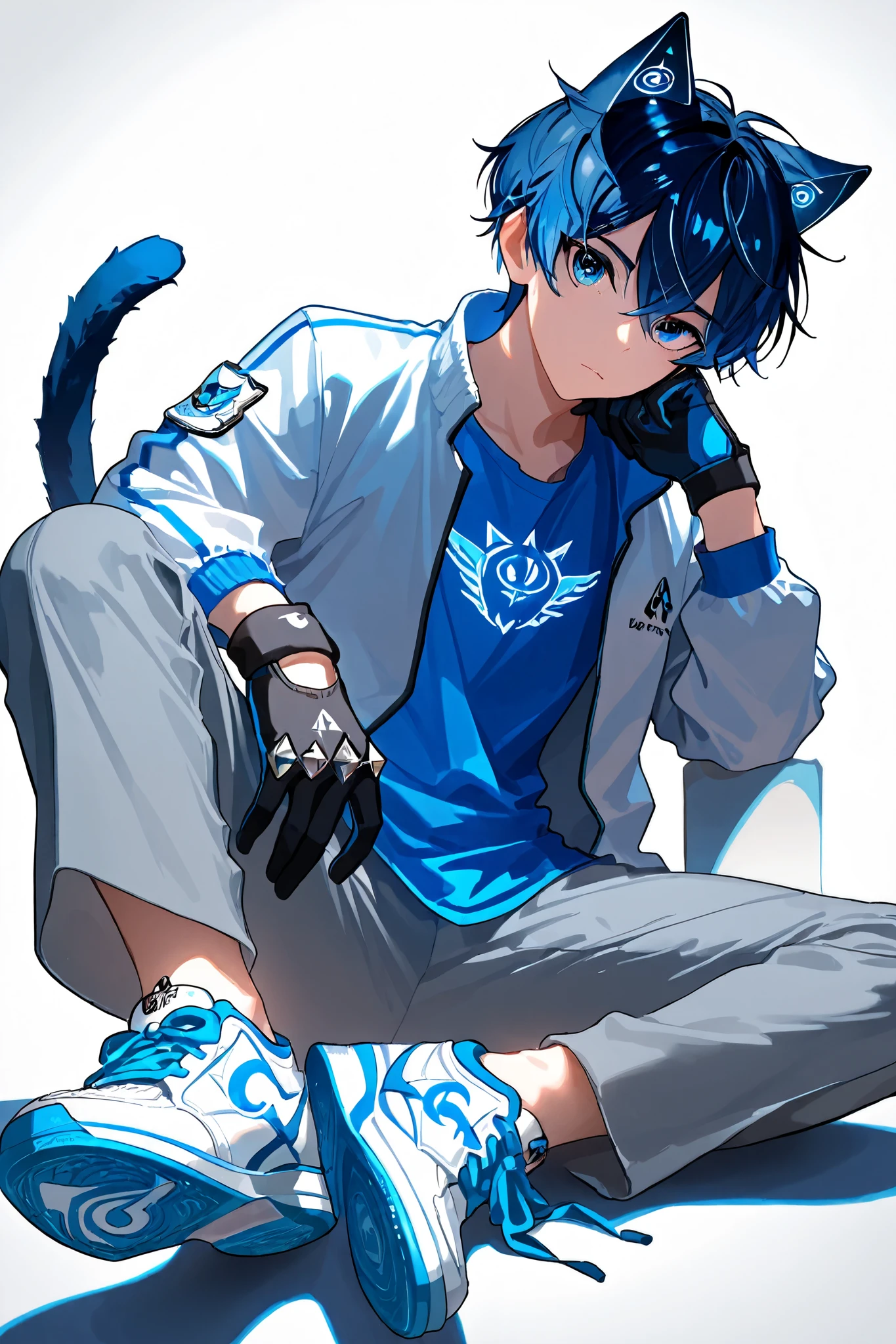 1boy, cat ears and tail, blue hair, blue eyes, blue shirt with a cat logo on the chest, white jacket with blue accents, thin black gloves with blue knuckles, gray pants, tennis shoes blue ones whose soles shine in neon, masterpiece, best quality, full body