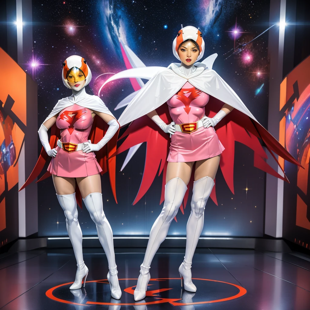 ANI_CLASSIC_jun_gatchaman_ownwaifu,1girl, ,good anatomy, masterpiece, best quality,realistic, hyperrealistic, 16k hdr, long hair,breasts,green eyes,lips,large breasts,lipstick,makeup,gloves,cape,helmet,belt,elbow gloves,white gloves,mask,ultra miniskirt,leotard,spacesuit,white tight overknee highheels boots,pink dress,superhero,bodysuit,cleavage,erected nipples,(sexy pose,front view),(spread legs:1.1),cameltoe