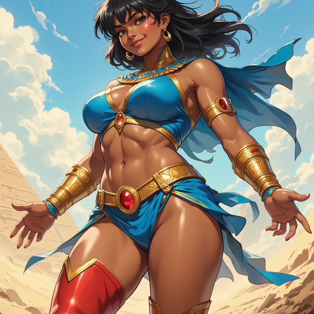 8k_wallpaper, extremely detailed eyes, extremely detailed body, (large masterpiece digital art), ((perfect anatomy huge chest)), (intricate details:1.3), (ultra-detailed:1.3), (sharp focus:1.3), (natural lighting:1.05), (vivid colors:1.3), (best quality:1.4), high quality, expressive eyes, full body, tall girl, detailed face, beautiful face, perfect face, woman with golden eyes and a tail of lush yellow sandy hair, a predatory smile, a grin, tanned dark bronze skin, huge chest, powerful sculpted abdominal muscles, powerful sculpted leg muscles, powerful sculpted thigh muscles, powerful sculpted arm muscles, naked breasts with large nipples, nipple piercings, large gold rings, leather shorts through which they stand out outline of a pussy, walking through the forest, trees with blue foliage and white flowers,