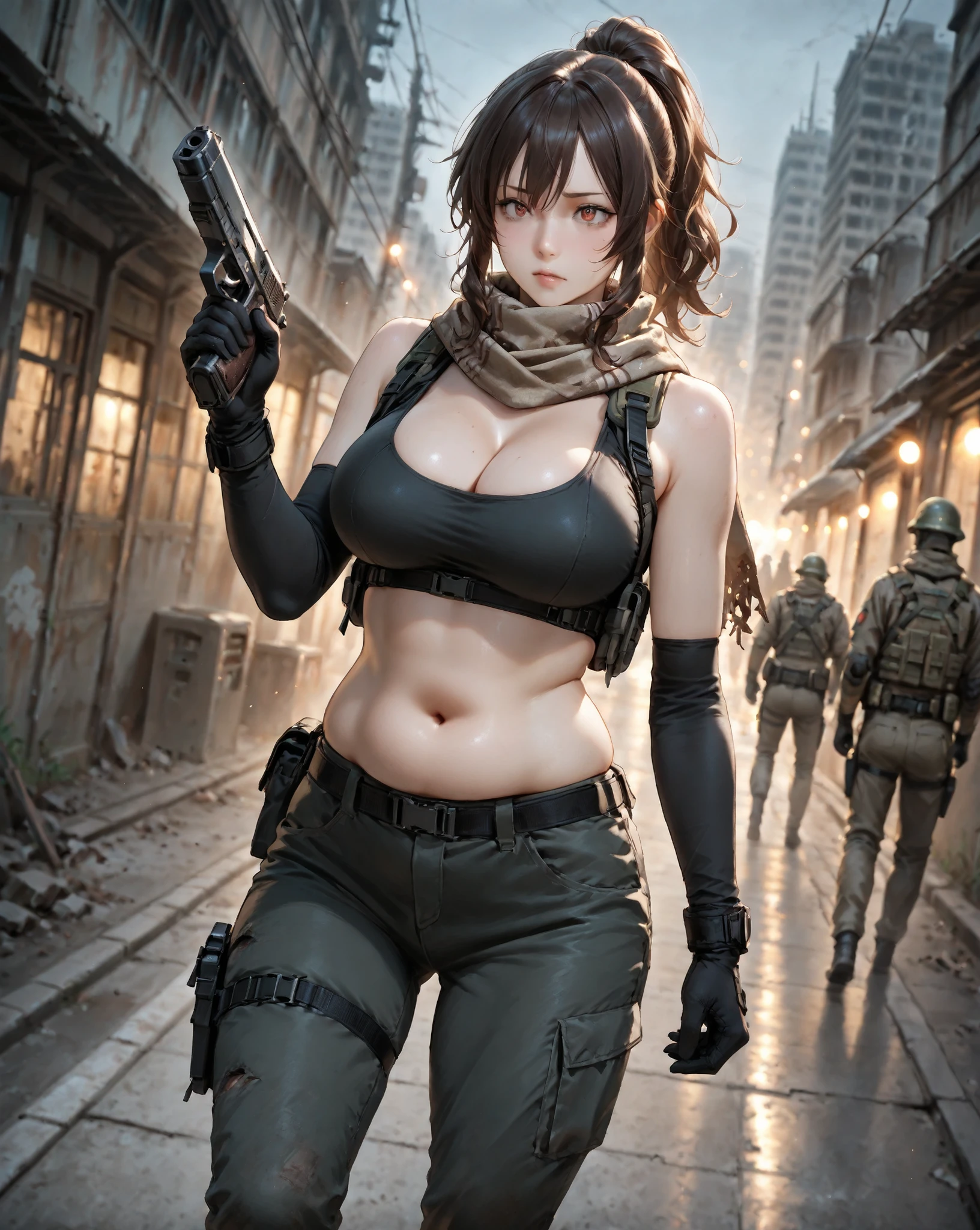 (Photographic:1.3, 16K, highest quality, masterpiece, Ultra-high resolution), Perfect dynamic composition:1.2, Highly detailed skin and face textures:1.2, Covered in scars:1.2, (Post-apocalyptic world:1.0, Contrasting with the desolate background:1.0, Increase the disruptive element:1.0, Debris and impurities scattered around:1.0), (Dynamic pose:1.0, Professional camera work:1.0, Aiming at you with a gun:1.0), Very detailed, Beautiful Japanese women serving in the US military, Incredibly slim body, Fair skin, Very beautiful face, Stern expression, (Automatic rifle:1.0, Bulletproof vest:0.5, Torn military uniform:1.0, Backpack:0.5, boots:0.5), Shapely breasts, Chest gap, Big eyes that exude beautiful eroticism, Lips that exude beautiful eroticism, Cowboy Shot, necklace, Earrings, bracelet, Tattoo, military cap