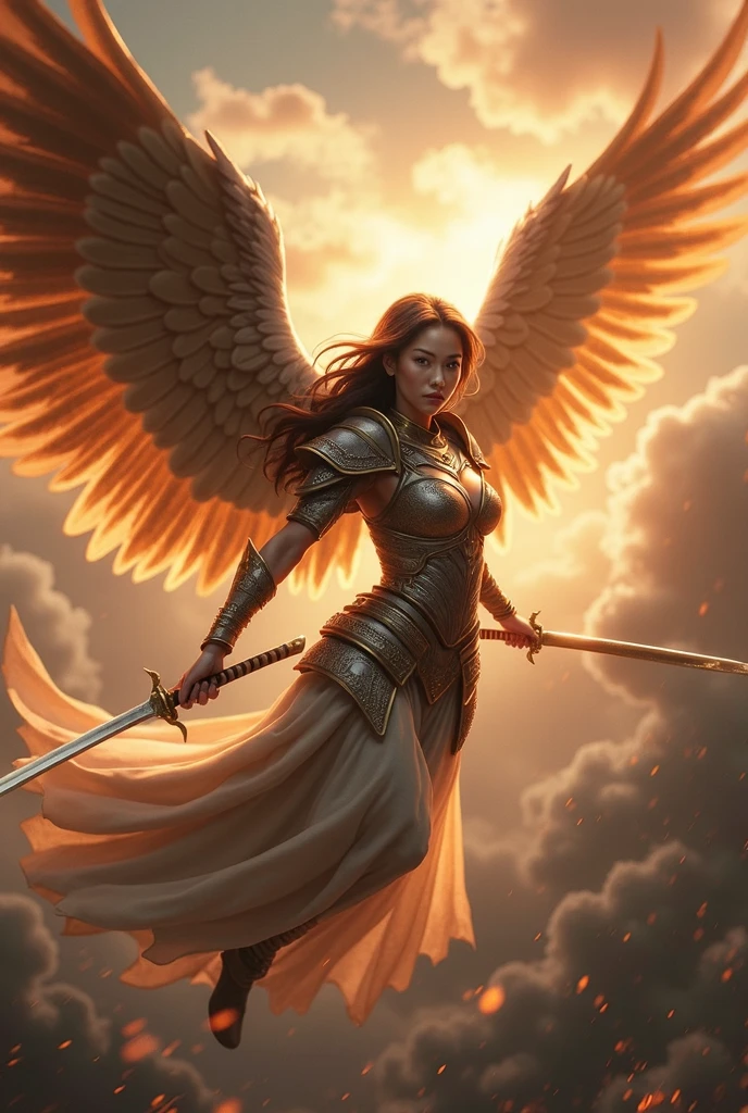 flat colors,glorious victory scene,vivid colors,beautiful vintage warrior woman with very big white open wings,beautiful angry face,curly long hair,((((holding 1 sword in front of the body in a defensive position)))), white armor with gold embroid details, storm sky and lightning clouds background