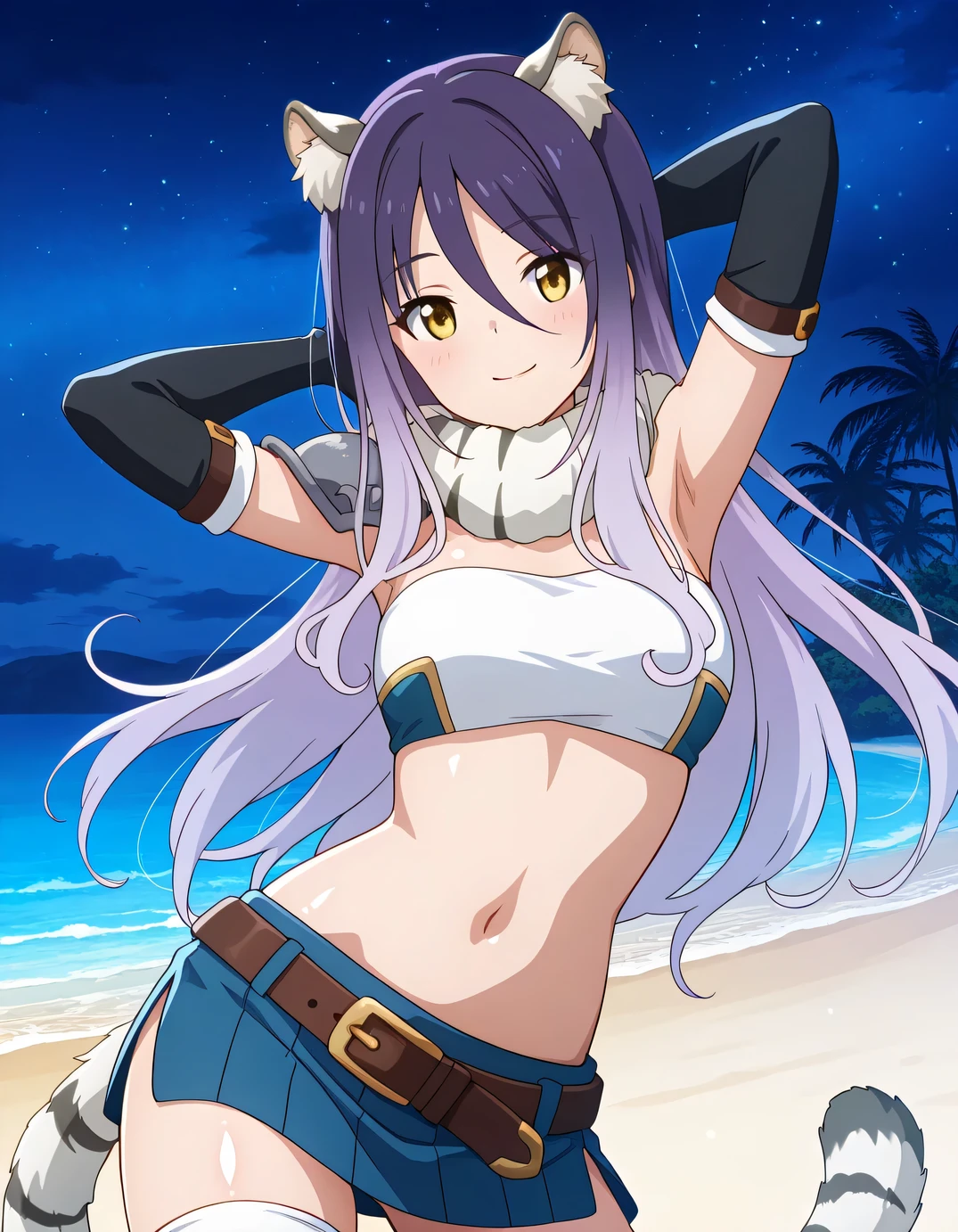 shiori, game screencap, long hair, hair between eyes, multicolored hair, purple hair, light purple hair, yellow eyes, tiger ears, tiger tail
scarf, tube top, single shoulder pad, fur trim, midriff, elbow gloves, fingerless gloves, brown belt, blue skirt, white thighhighs, shiny skin, solo, night sky, beach, armpits, hands behind head, ((contrapposto)), closed mouth, cowboy shot, looking at viewer, smile, best quality