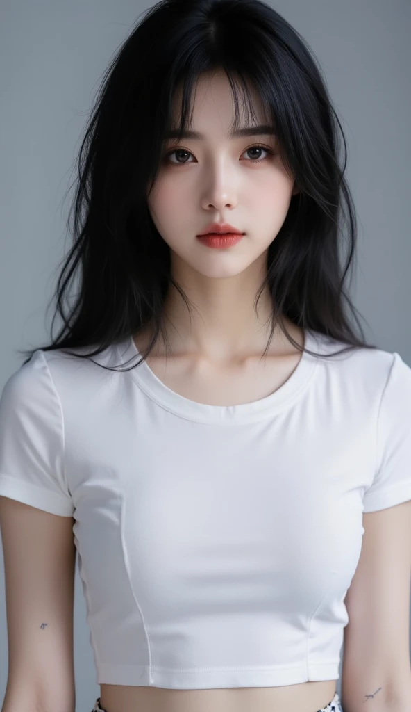 ((best quality)), ((Masterpiece)), (details), perfect face, beautiful body, beautiful face, Teen Girls, perfect body, detailsสูงเป็นพิเศษ, Optical Realism, Intimate atmosphere, light flows, Straight black hair, ponytail, Wear black office clothes, black skirt, Unbuttoned shirt, black gray background